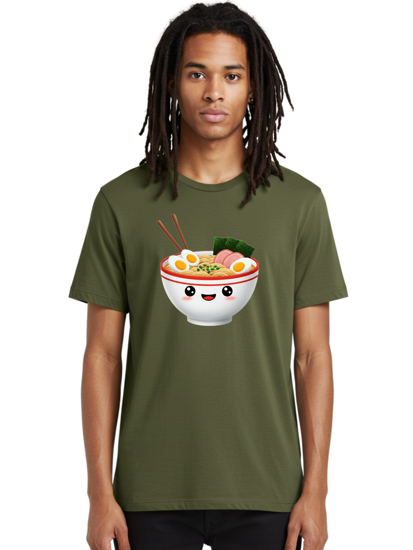 Ramen-Bowl-1 Men'S Graphic Tee, 100% Cotton, Comfortable Casual Summer Wear, Machine Washable, Cartoon Ramen Bowl, Steaming Hot Ramen, Boiled Egg, Sliced Ham, Seaweed, Chopsticks, Kawaii Food, Japanese Cuisine, Noodle Soup, Anime Style, Bae706
