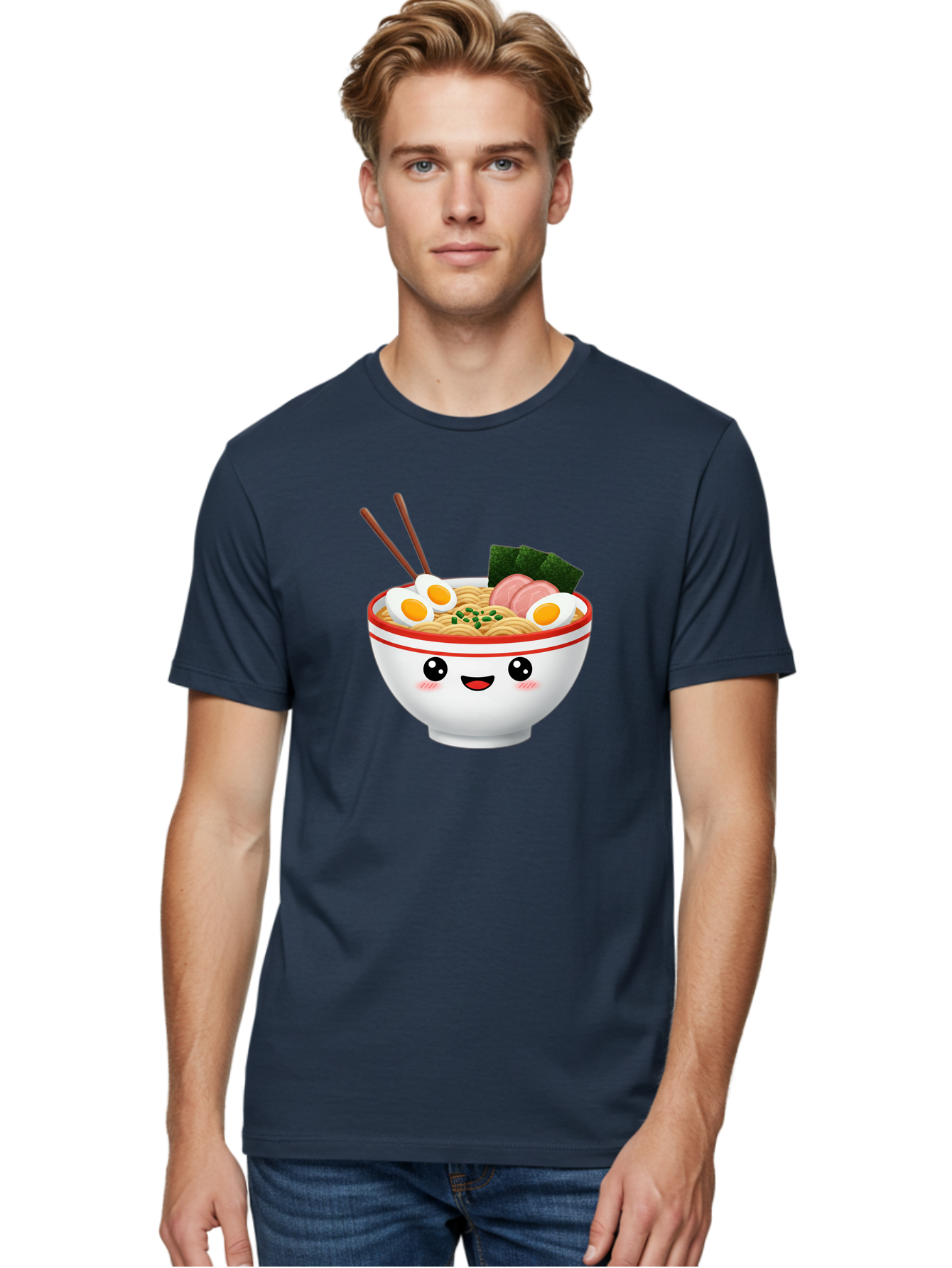 Ramen-Bowl-1 Men'S Graphic Tee, 100% Cotton, Comfortable Casual Summer Wear, Machine Washable, Cartoon Ramen Bowl, Steaming Hot Ramen, Boiled Egg, Sliced Ham, Seaweed, Chopsticks, Kawaii Food, Japanese Cuisine, Noodle Soup, Anime Style, Bae706