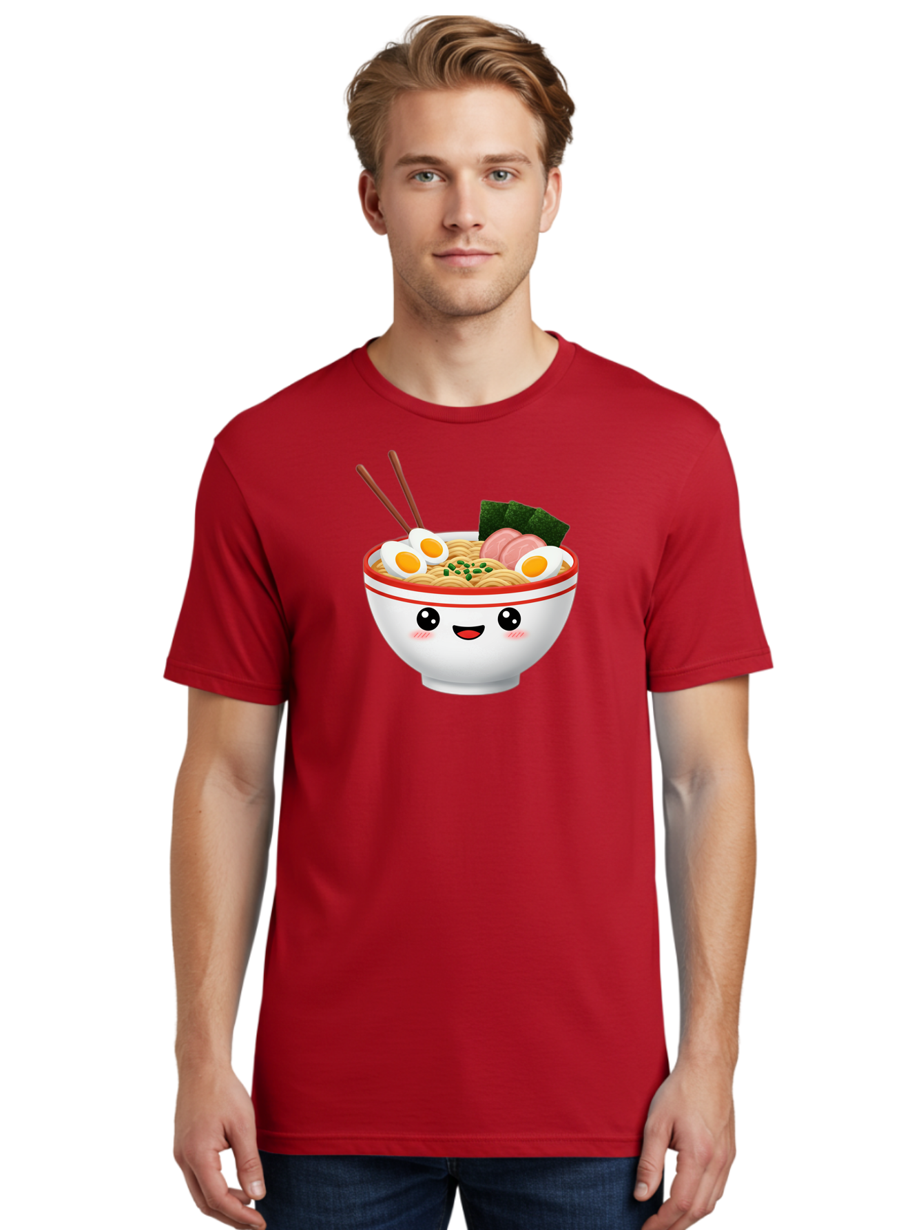 Ramen-Bowl-1 Men'S Graphic Tee, 100% Cotton, Comfortable Casual Summer Wear, Machine Washable, Cartoon Ramen Bowl, Steaming Hot Ramen, Boiled Egg, Sliced Ham, Seaweed, Chopsticks, Kawaii Food, Japanese Cuisine, Noodle Soup, Anime Style, Bae706