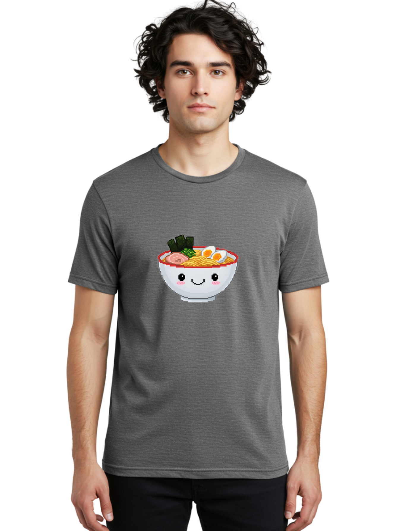 Ramen-Bowl-2 Men'S Graphic Tee, 100% Cotton, Comfortable Casual Summer Wear, Machine Washable, Delicious Ramen, Kawaii Food, Cartoon Noodle Bowl, Tasty Meal, Sliced Egg, Seaweed, Pink Ham, Smiling Bowl, Pixel Art, Noodle Soup Bae707