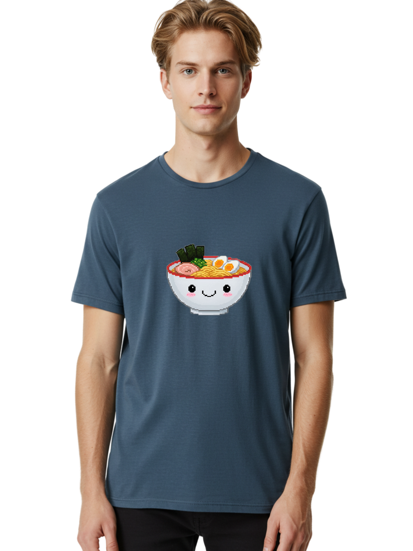 Ramen-Bowl-2 Men'S Graphic Tee, 100% Cotton, Comfortable Casual Summer Wear, Machine Washable, Delicious Ramen, Kawaii Food, Cartoon Noodle Bowl, Tasty Meal, Sliced Egg, Seaweed, Pink Ham, Smiling Bowl, Pixel Art, Noodle Soup Bae707