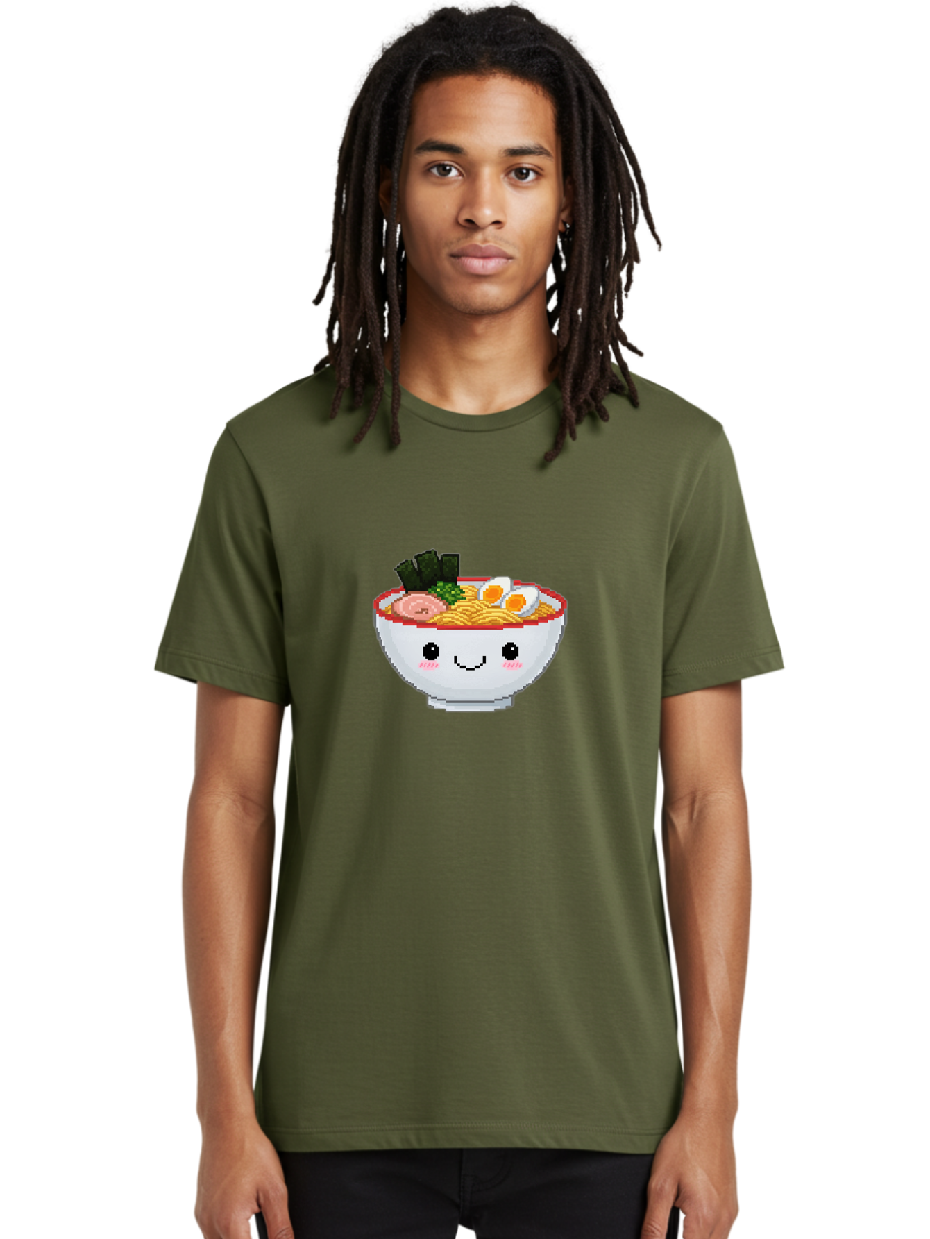 Ramen-Bowl-2 Men'S Graphic Tee, 100% Cotton, Comfortable Casual Summer Wear, Machine Washable, Delicious Ramen, Kawaii Food, Cartoon Noodle Bowl, Tasty Meal, Sliced Egg, Seaweed, Pink Ham, Smiling Bowl, Pixel Art, Noodle Soup Bae707