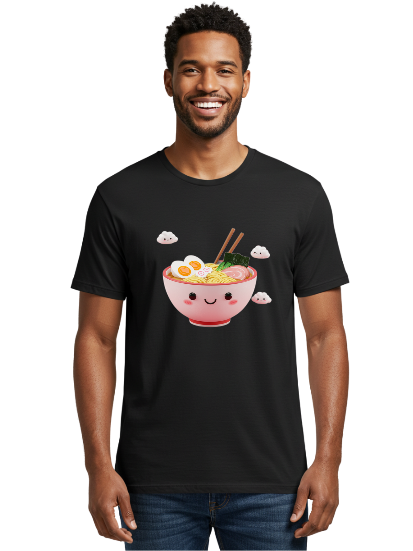 Ramen-Bowl-3 Men'S Graphic Tee, 100% Cotton, Comfortable Casual Summer Wear, Machine Washable, Steaming Hot Ramen, Kawaii Bowl, Cartoon Noodle Soup, Smiling Bowl, Boiled Egg, Sliced Pork, Seaweed, Chopsticks, Fish Cakes, Playful, Bae708