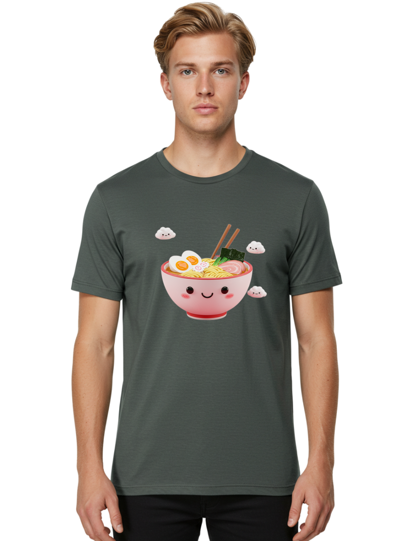 Ramen-Bowl-3 Men'S Graphic Tee, 100% Cotton, Comfortable Casual Summer Wear, Machine Washable, Steaming Hot Ramen, Kawaii Bowl, Cartoon Noodle Soup, Smiling Bowl, Boiled Egg, Sliced Pork, Seaweed, Chopsticks, Fish Cakes, Playful, Bae708