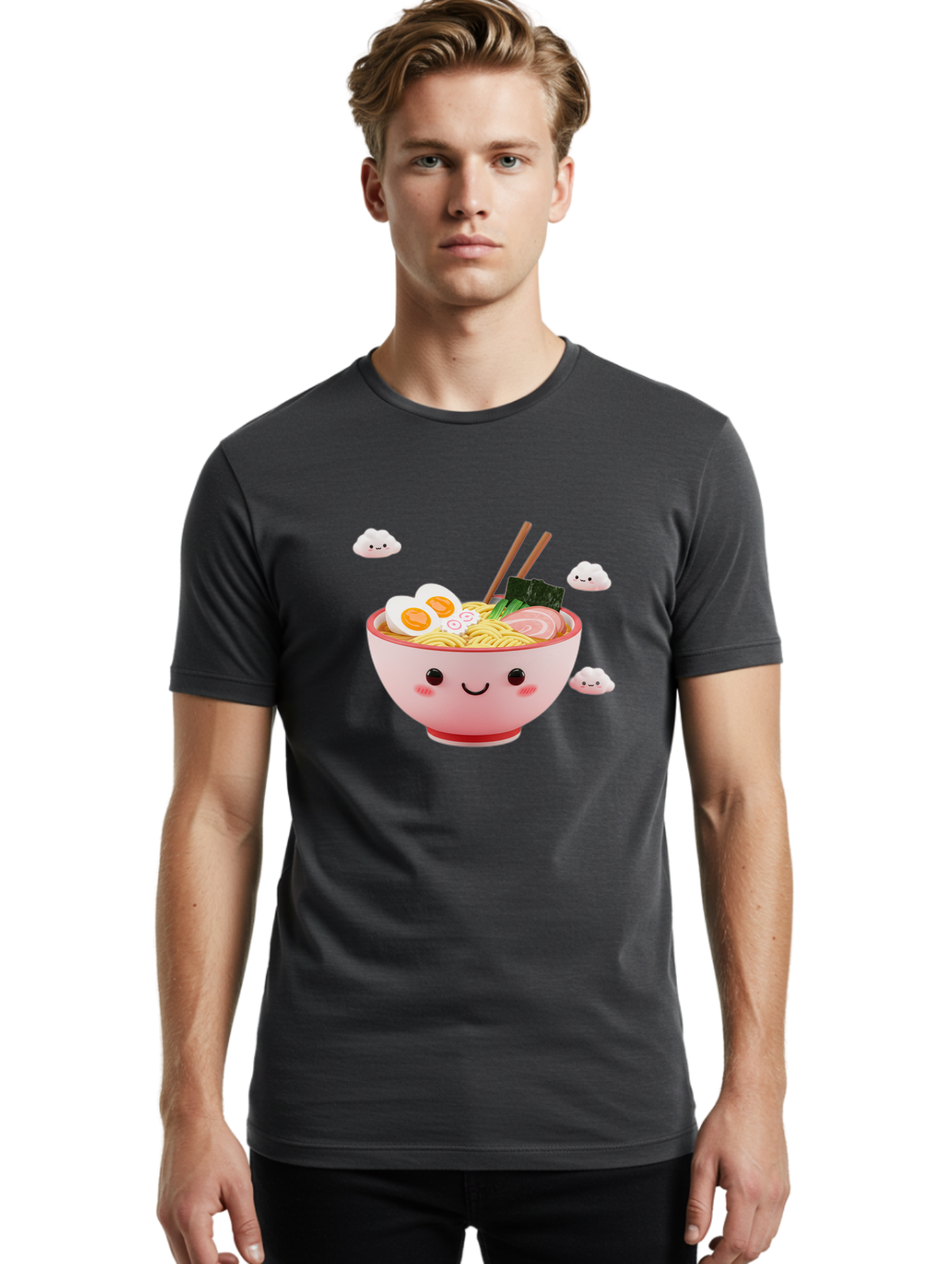 Ramen-Bowl-3 Men'S Graphic Tee, 100% Cotton, Comfortable Casual Summer Wear, Machine Washable, Steaming Hot Ramen, Kawaii Bowl, Cartoon Noodle Soup, Smiling Bowl, Boiled Egg, Sliced Pork, Seaweed, Chopsticks, Fish Cakes, Playful, Bae708