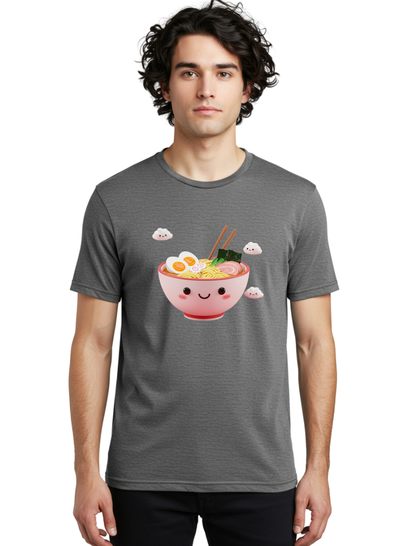 Ramen-Bowl-3 Men'S Graphic Tee, 100% Cotton, Comfortable Casual Summer Wear, Machine Washable, Steaming Hot Ramen, Kawaii Bowl, Cartoon Noodle Soup, Smiling Bowl, Boiled Egg, Sliced Pork, Seaweed, Chopsticks, Fish Cakes, Playful, Bae708