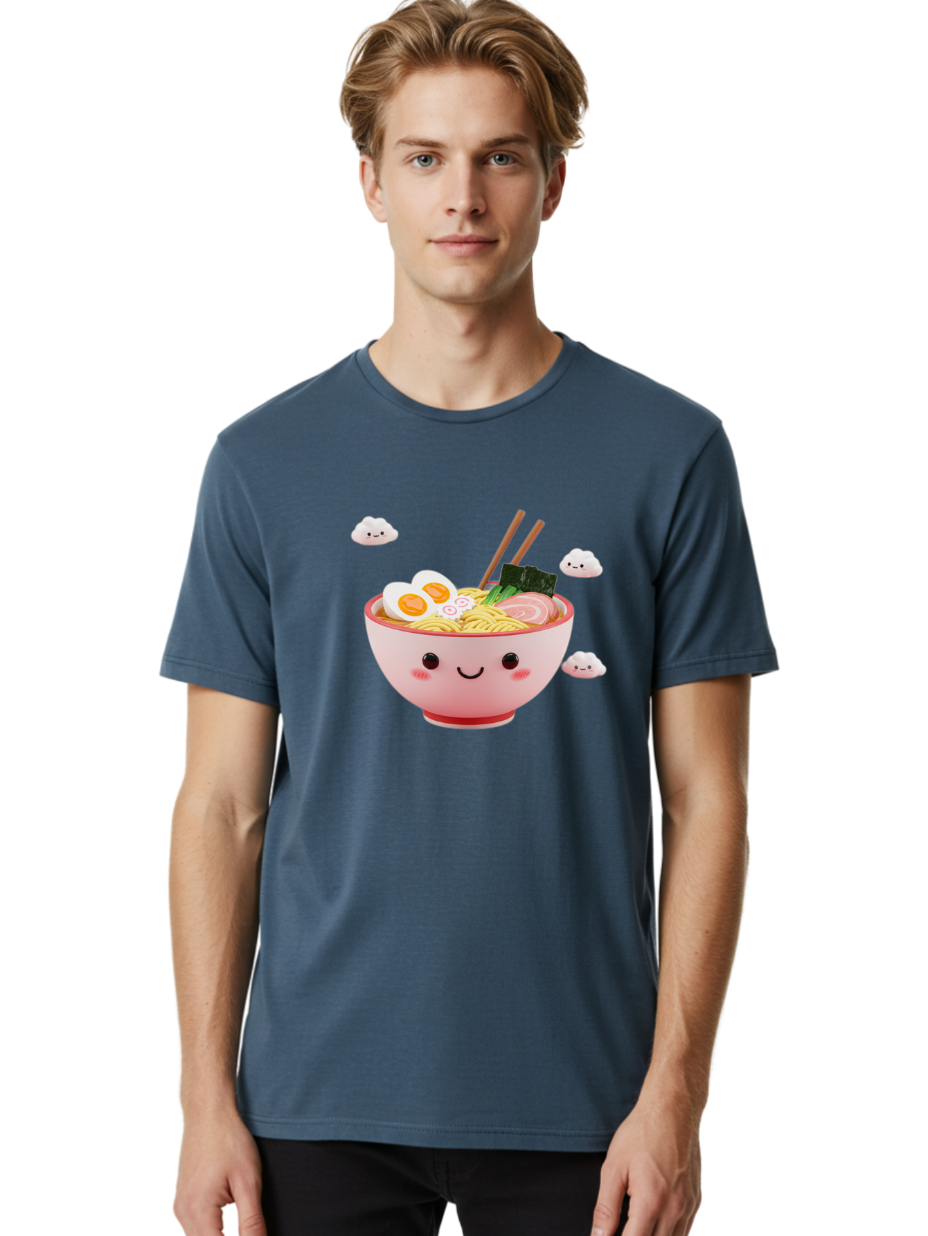Ramen-Bowl-3 Men'S Graphic Tee, 100% Cotton, Comfortable Casual Summer Wear, Machine Washable, Steaming Hot Ramen, Kawaii Bowl, Cartoon Noodle Soup, Smiling Bowl, Boiled Egg, Sliced Pork, Seaweed, Chopsticks, Fish Cakes, Playful, Bae708