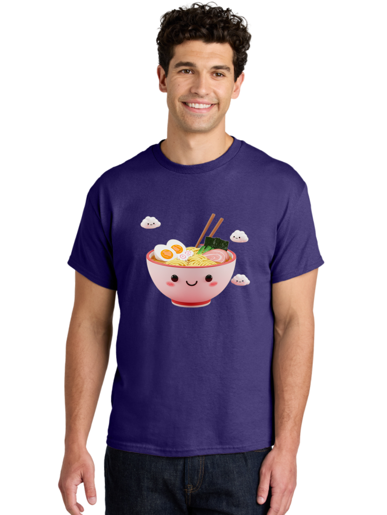 Ramen-Bowl-3 Men'S Graphic Tee, 100% Cotton, Comfortable Casual Summer Wear, Machine Washable, Steaming Hot Ramen, Kawaii Bowl, Cartoon Noodle Soup, Smiling Bowl, Boiled Egg, Sliced Pork, Seaweed, Chopsticks, Fish Cakes, Playful, Bae708