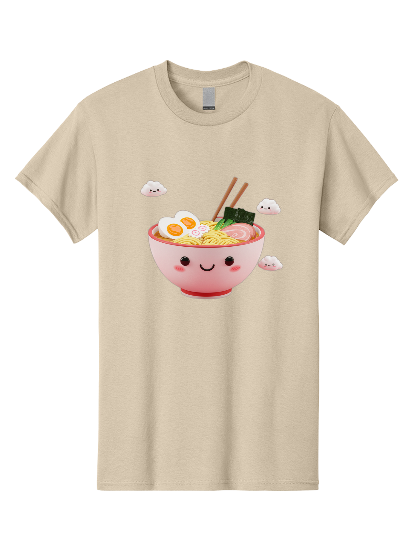 Ramen-Bowl-3 Men'S Graphic Tee, 100% Cotton, Comfortable Casual Summer Wear, Machine Washable, Steaming Hot Ramen, Kawaii Bowl, Cartoon Noodle Soup, Smiling Bowl, Boiled Egg, Sliced Pork, Seaweed, Chopsticks, Fish Cakes, Playful, Bae708