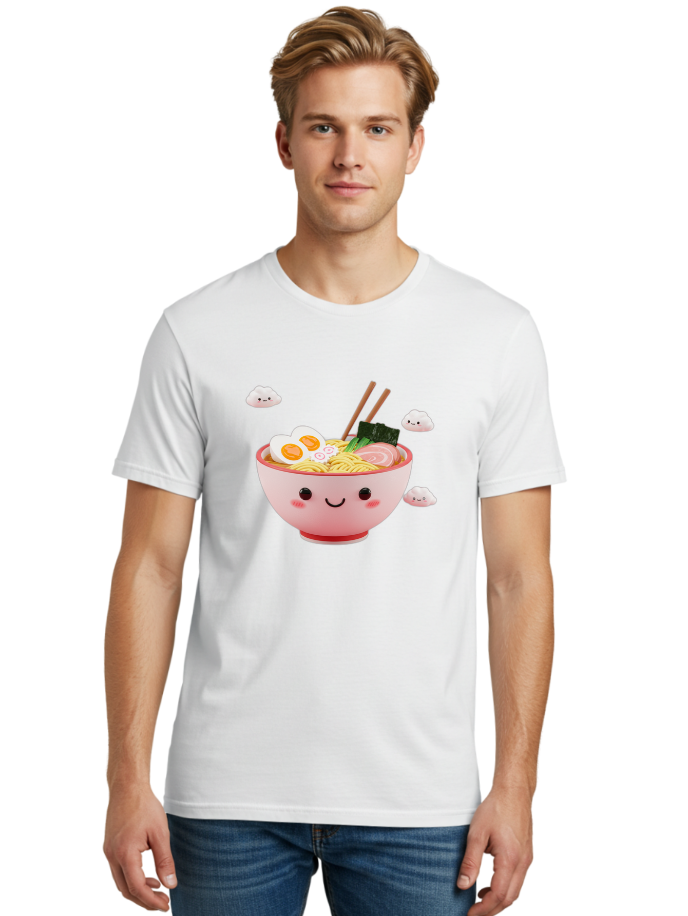 Ramen-Bowl-3 Men'S Graphic Tee, 100% Cotton, Comfortable Casual Summer Wear, Machine Washable, Steaming Hot Ramen, Kawaii Bowl, Cartoon Noodle Soup, Smiling Bowl, Boiled Egg, Sliced Pork, Seaweed, Chopsticks, Fish Cakes, Playful, Bae708