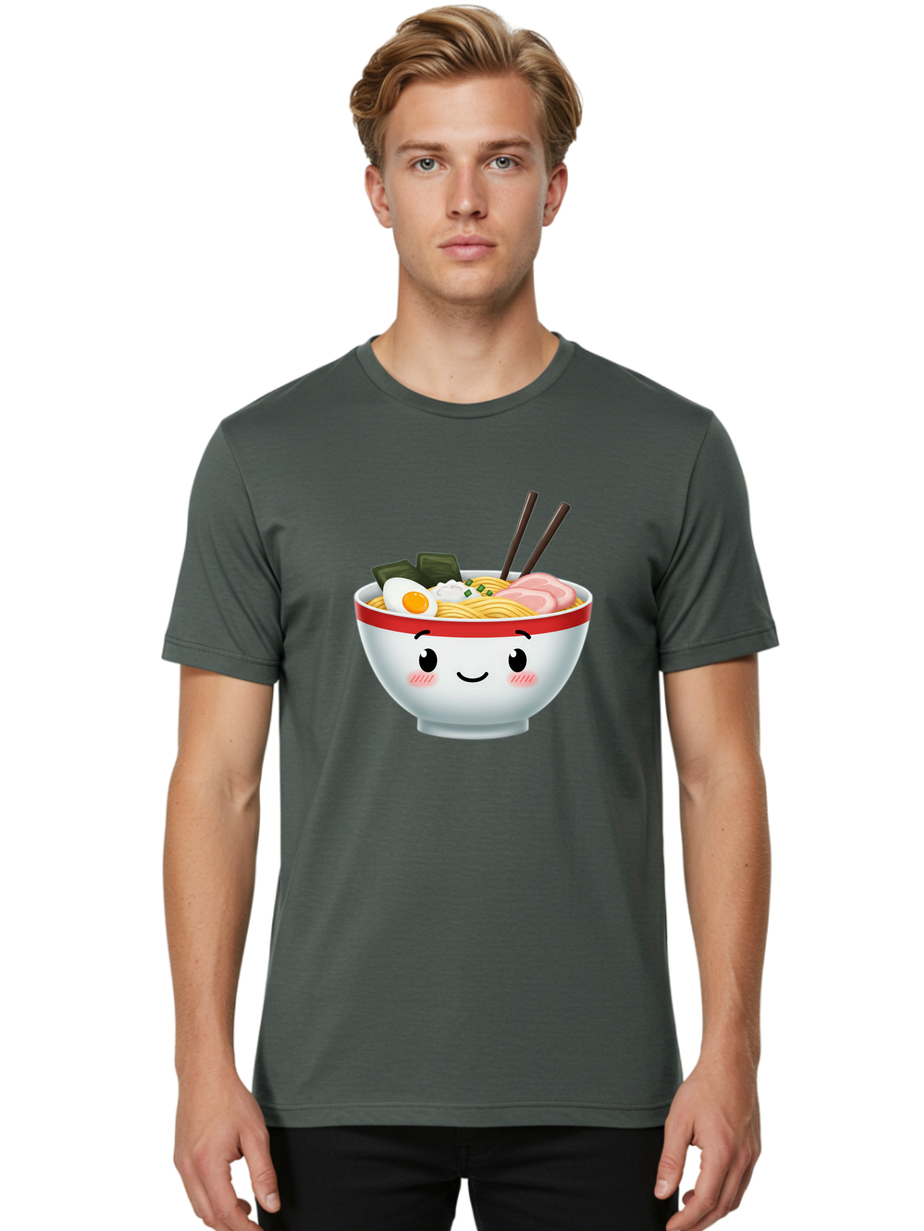 Ramen-Bowl-4 Men'S Graphic Tee, 100% Cotton, Comfortable Casual Summer Wear, Machine Washable, Japanese Ramen, Steaming Hot Noodles, Boiled Egg, Seaweed, Pork Slices, Chopsticks, Kawaii Cartoon, Foodie, Tasty Meal, Delicious Cuisine, Bae709