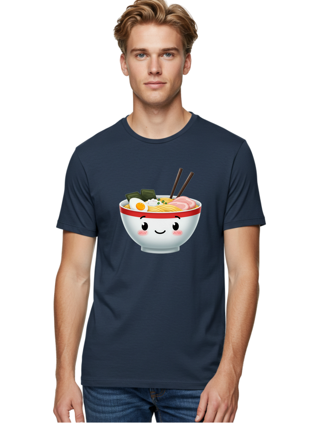 Ramen-Bowl-4 Men'S Graphic Tee, 100% Cotton, Comfortable Casual Summer Wear, Machine Washable, Japanese Ramen, Steaming Hot Noodles, Boiled Egg, Seaweed, Pork Slices, Chopsticks, Kawaii Cartoon, Foodie, Tasty Meal, Delicious Cuisine, Bae709