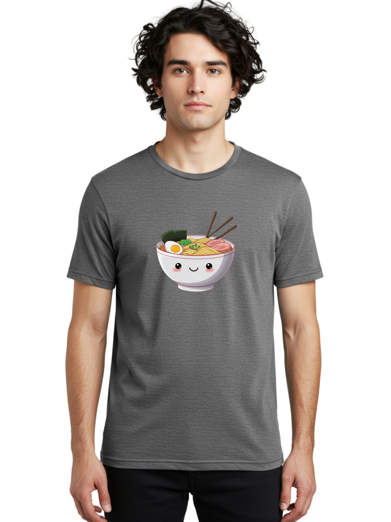 Ramen-Bowl Men'S Graphic Tee, 100% Cotton, Comfortable Casual Summer Wear, Machine Washable, Steaming Hot Ramen, Cartoon Noodle Bowl, Appetizing Meal, Kawaii Food, Delicious Japanese Cuisine, Smiling Bowl, Egg, Seaweed, Pork Slice, Chopsticks Bae713