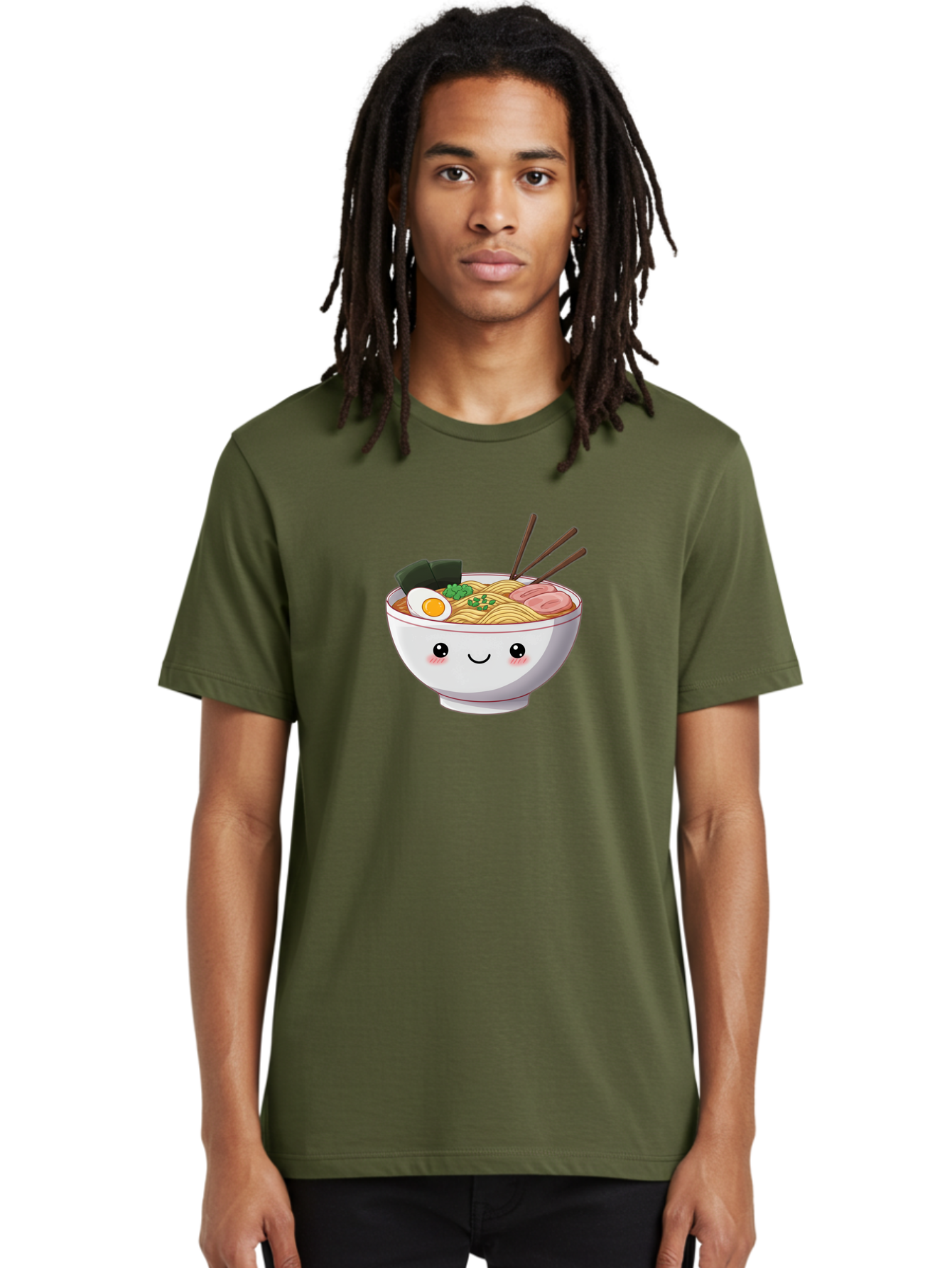 Ramen-Bowl Men'S Graphic Tee, 100% Cotton, Comfortable Casual Summer Wear, Machine Washable, Steaming Hot Ramen, Cartoon Noodle Bowl, Appetizing Meal, Kawaii Food, Delicious Japanese Cuisine, Smiling Bowl, Egg, Seaweed, Pork Slice, Chopsticks Bae713