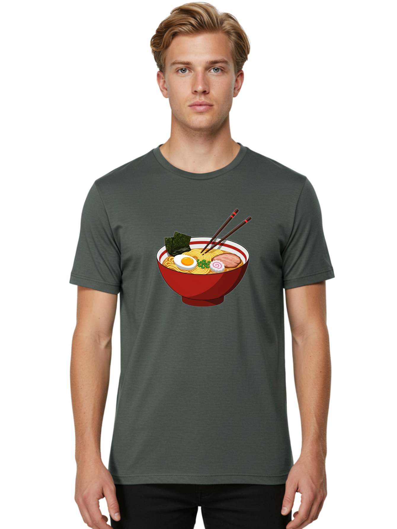 Ramen-Noodle-Bowl-2 Men'S Graphic Tee, 100% Cotton, Comfortable Casual Summer Wear, Machine Washable, Steaming Bowl Of Ramen, Japanese Noodle Soup, Boiled Egg, Sliced Pork, Seaweed, Green Onions, Chopsticks, Asian Cuisine, Noodle Dish, Bae715