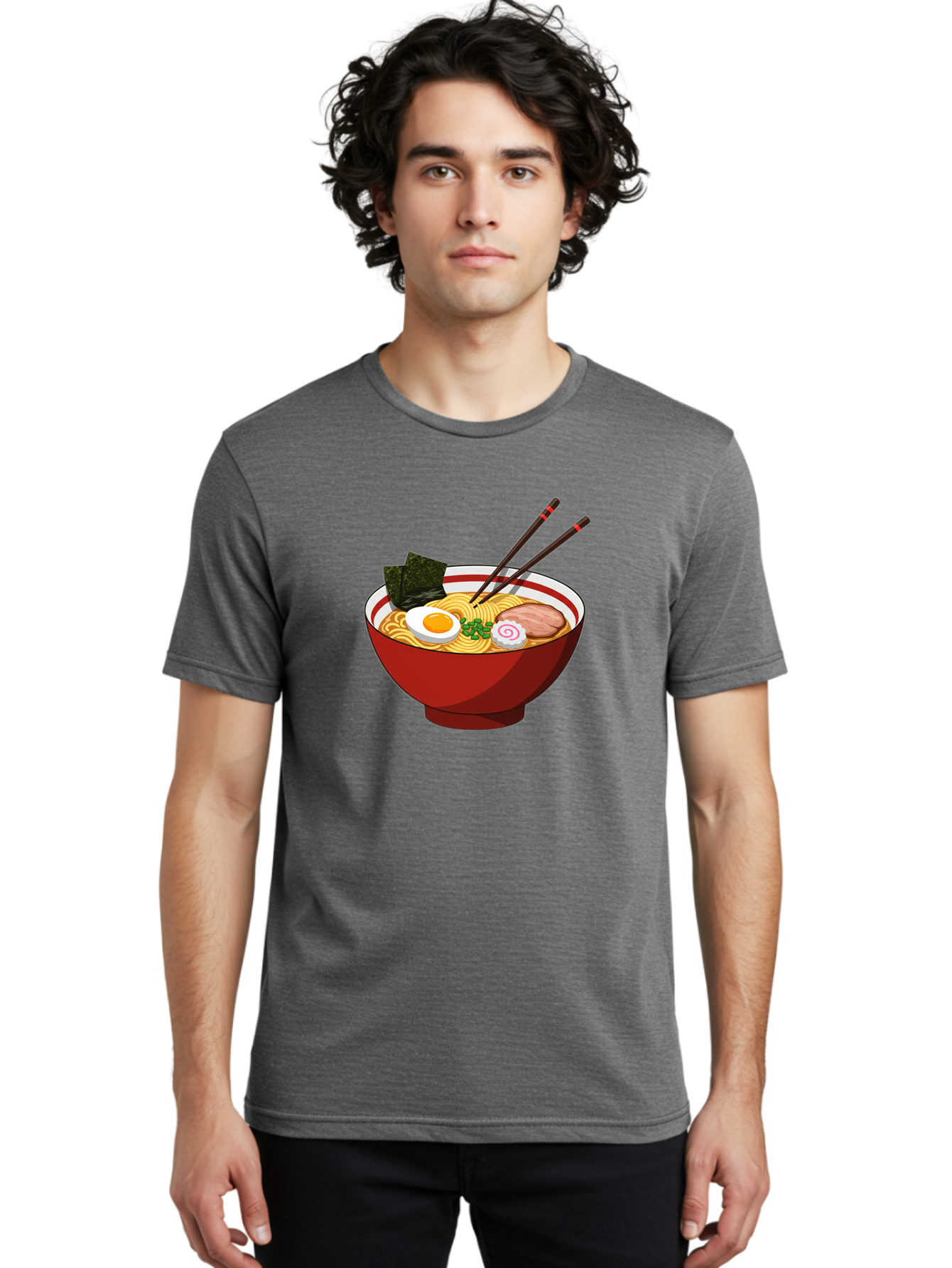 Ramen-Noodle-Bowl-2 Men'S Graphic Tee, 100% Cotton, Comfortable Casual Summer Wear, Machine Washable, Steaming Bowl Of Ramen, Japanese Noodle Soup, Boiled Egg, Sliced Pork, Seaweed, Green Onions, Chopsticks, Asian Cuisine, Noodle Dish, Bae715