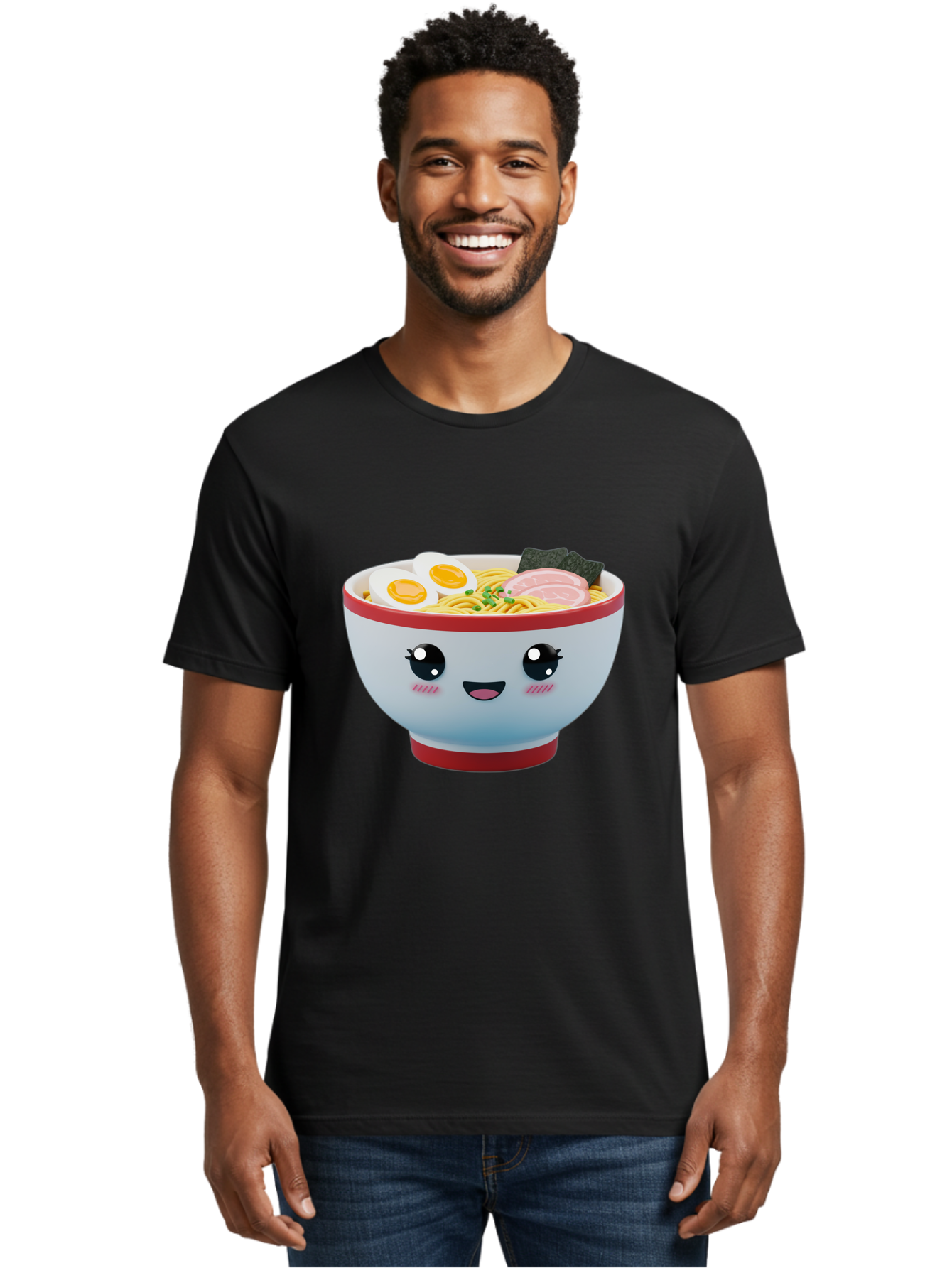 Ramen-Noodle-Bowl Men'S Graphic Tee, 100% Cotton, Comfortable Casual Summer Wear, Machine Washable, Kawaii Ramen Bowl, Cartoon Noodle Soup, Japanese Cuisine, Animated Food, Ramen Noodles, Boiled Egg, Seaweed, Sliced Ham, Cute Bowl, Bae716