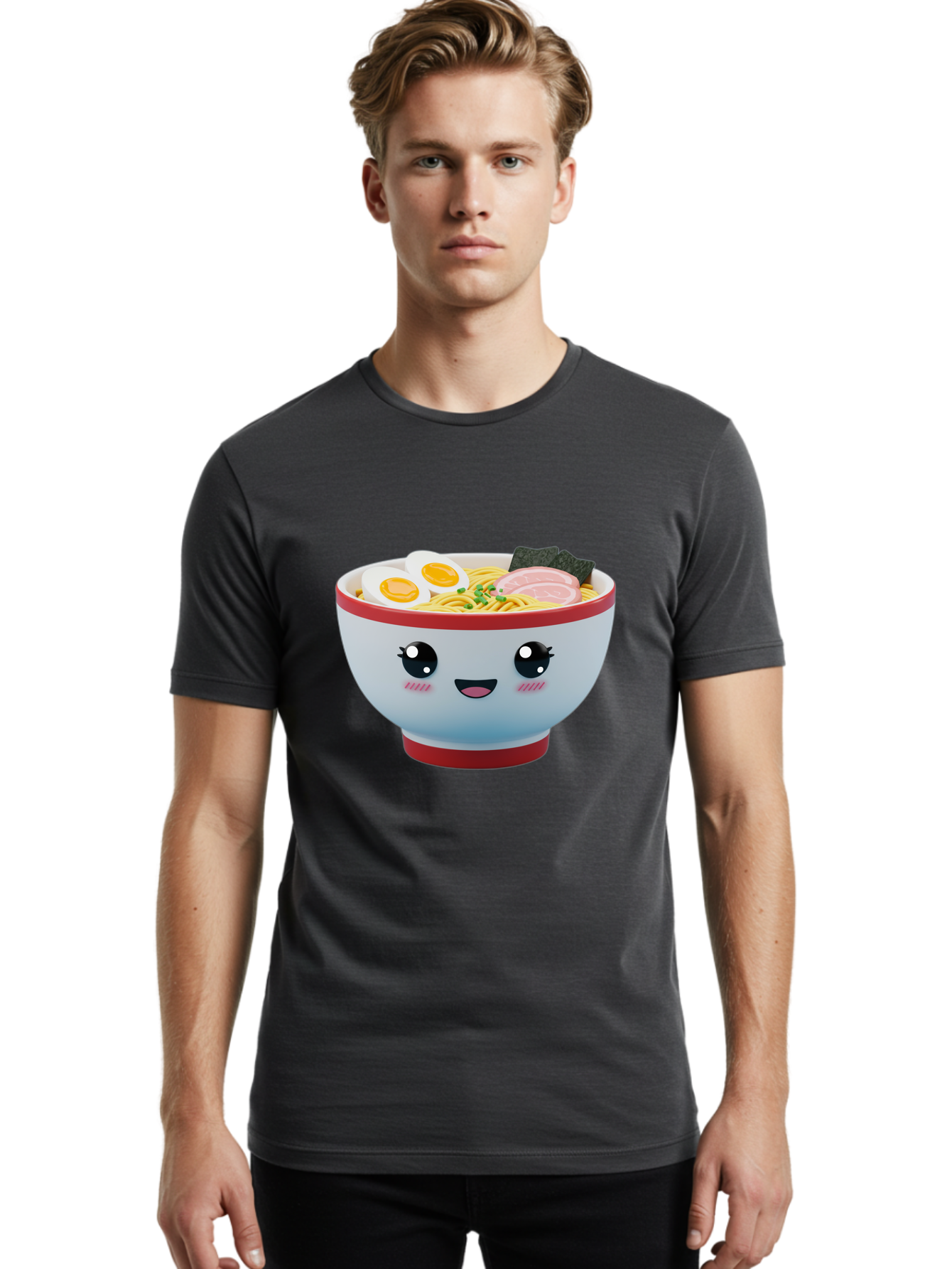 Ramen-Noodle-Bowl Men'S Graphic Tee, 100% Cotton, Comfortable Casual Summer Wear, Machine Washable, Kawaii Ramen Bowl, Cartoon Noodle Soup, Japanese Cuisine, Animated Food, Ramen Noodles, Boiled Egg, Seaweed, Sliced Ham, Cute Bowl, Bae716