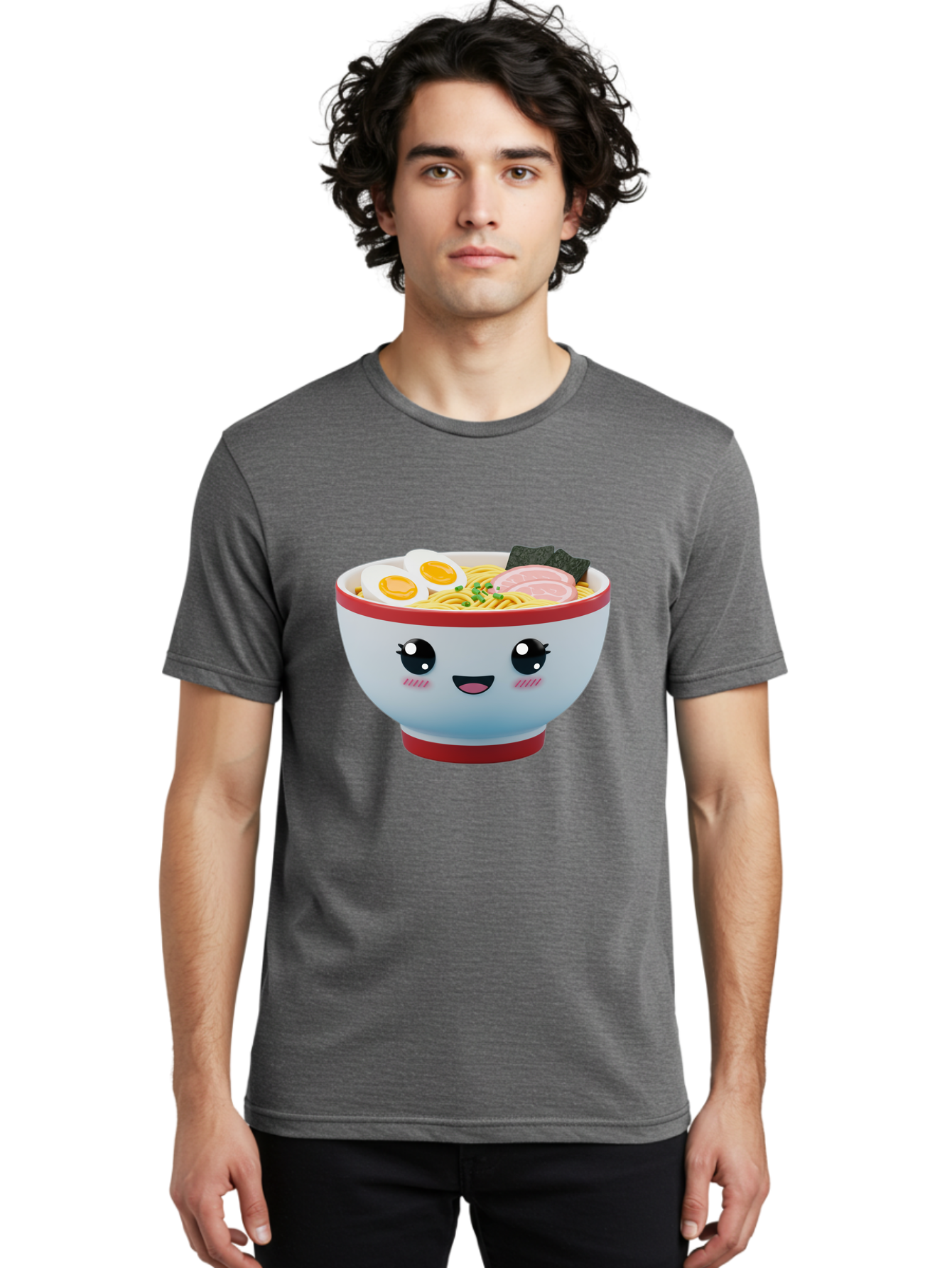 Ramen-Noodle-Bowl Men'S Graphic Tee, 100% Cotton, Comfortable Casual Summer Wear, Machine Washable, Kawaii Ramen Bowl, Cartoon Noodle Soup, Japanese Cuisine, Animated Food, Ramen Noodles, Boiled Egg, Seaweed, Sliced Ham, Cute Bowl, Bae716