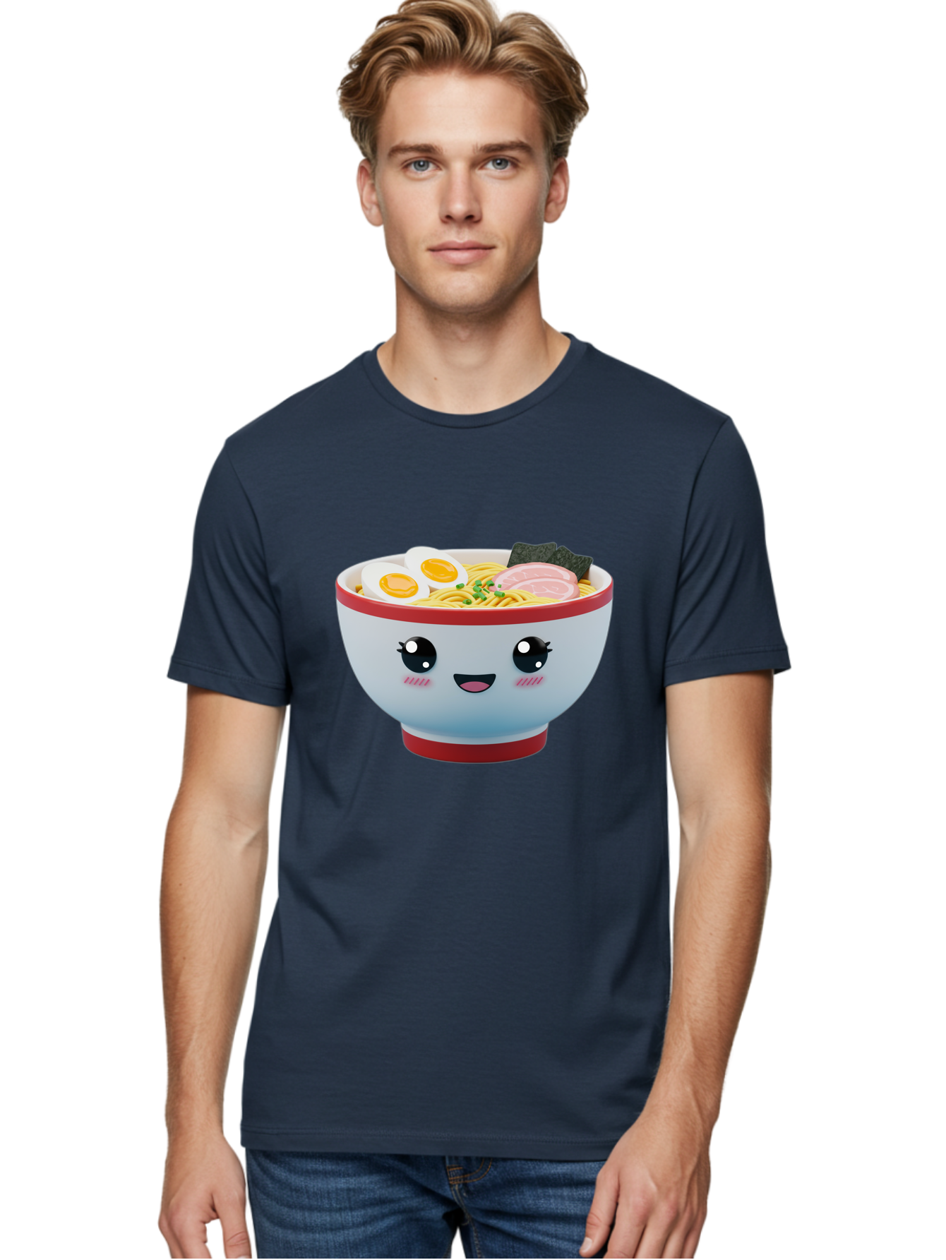 Ramen-Noodle-Bowl Men'S Graphic Tee, 100% Cotton, Comfortable Casual Summer Wear, Machine Washable, Kawaii Ramen Bowl, Cartoon Noodle Soup, Japanese Cuisine, Animated Food, Ramen Noodles, Boiled Egg, Seaweed, Sliced Ham, Cute Bowl, Bae716
