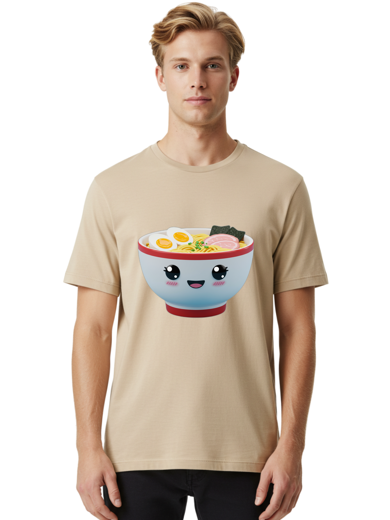 Ramen-Noodle-Bowl Men'S Graphic Tee, 100% Cotton, Comfortable Casual Summer Wear, Machine Washable, Kawaii Ramen Bowl, Cartoon Noodle Soup, Japanese Cuisine, Animated Food, Ramen Noodles, Boiled Egg, Seaweed, Sliced Ham, Cute Bowl, Bae716