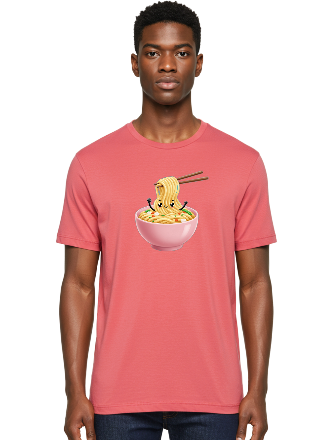 Ramen-Noodle-Character Men'S Graphic Tee, 100% Cotton, Comfortable Casual Summer Wear, Machine Washable, Cartoon Noodles, Ramen Noodles, Noodle Character, Kawaii Food, Cute Noodles, Asian Cuisine, Noodle Bowl, Tasty Noodles, Foodie Art, Bae717
