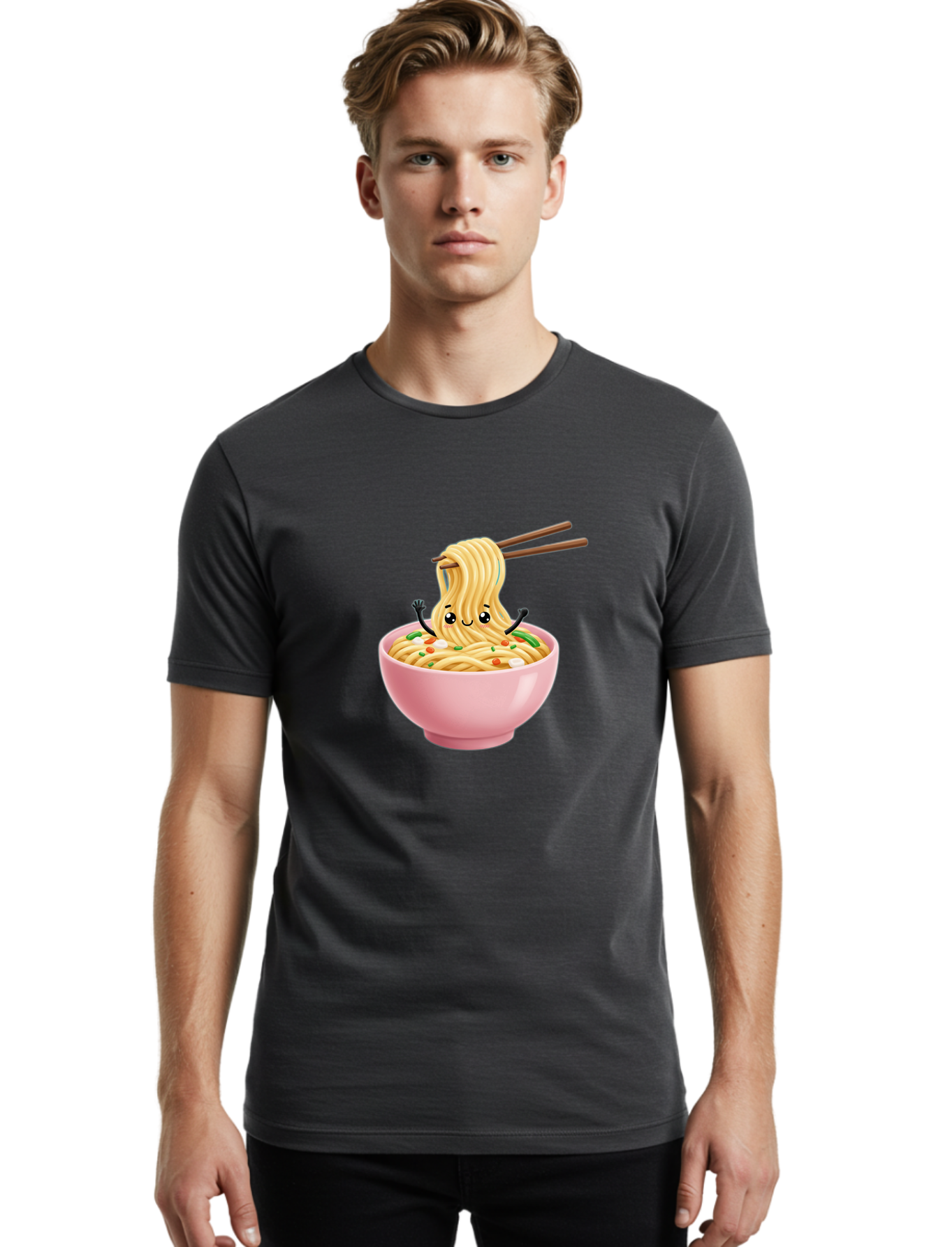 Ramen-Noodle-Character Men'S Graphic Tee, 100% Cotton, Comfortable Casual Summer Wear, Machine Washable, Cartoon Noodles, Ramen Noodles, Noodle Character, Kawaii Food, Cute Noodles, Asian Cuisine, Noodle Bowl, Tasty Noodles, Foodie Art, Bae717
