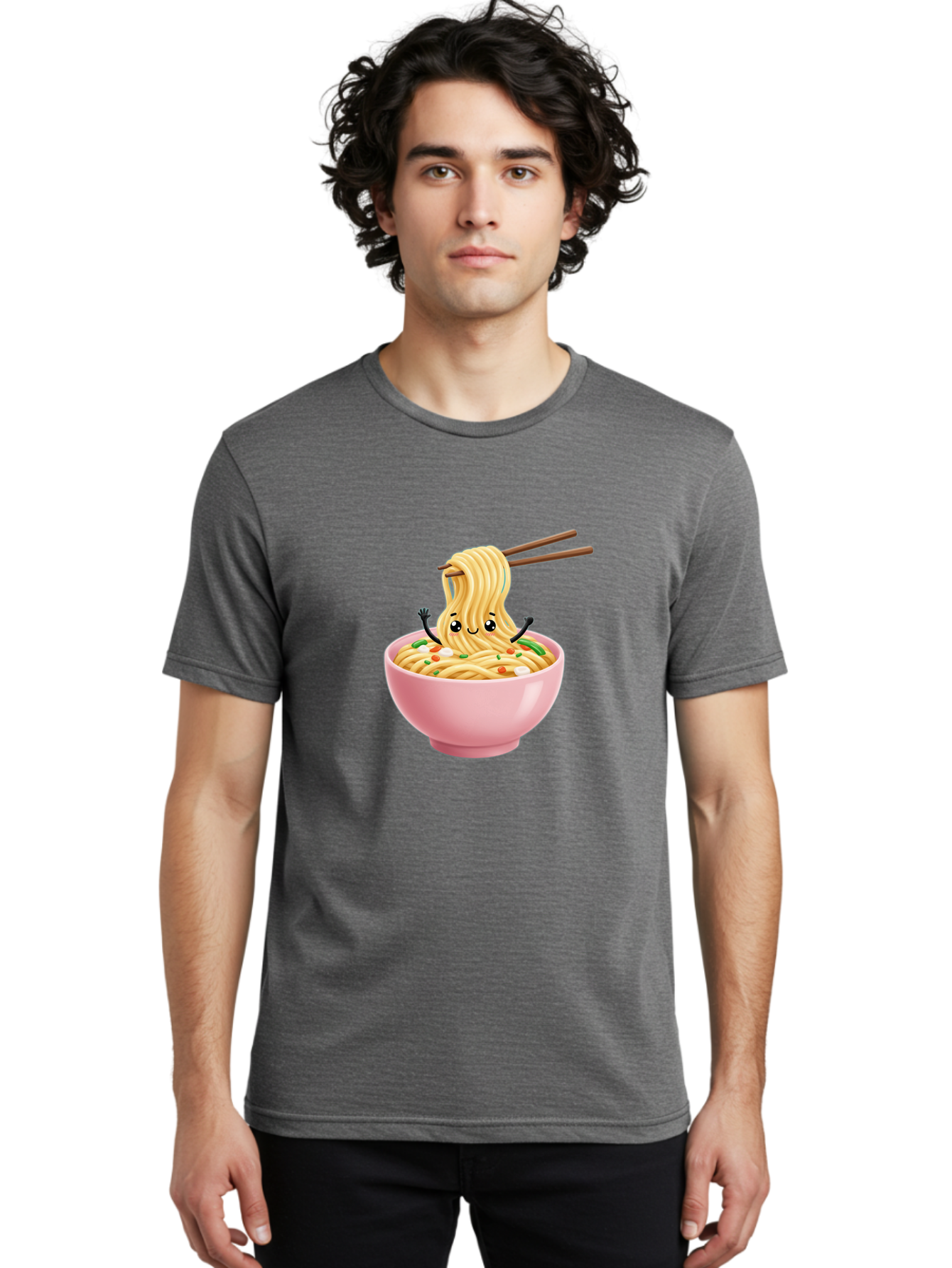 Ramen-Noodle-Character Men'S Graphic Tee, 100% Cotton, Comfortable Casual Summer Wear, Machine Washable, Cartoon Noodles, Ramen Noodles, Noodle Character, Kawaii Food, Cute Noodles, Asian Cuisine, Noodle Bowl, Tasty Noodles, Foodie Art, Bae717