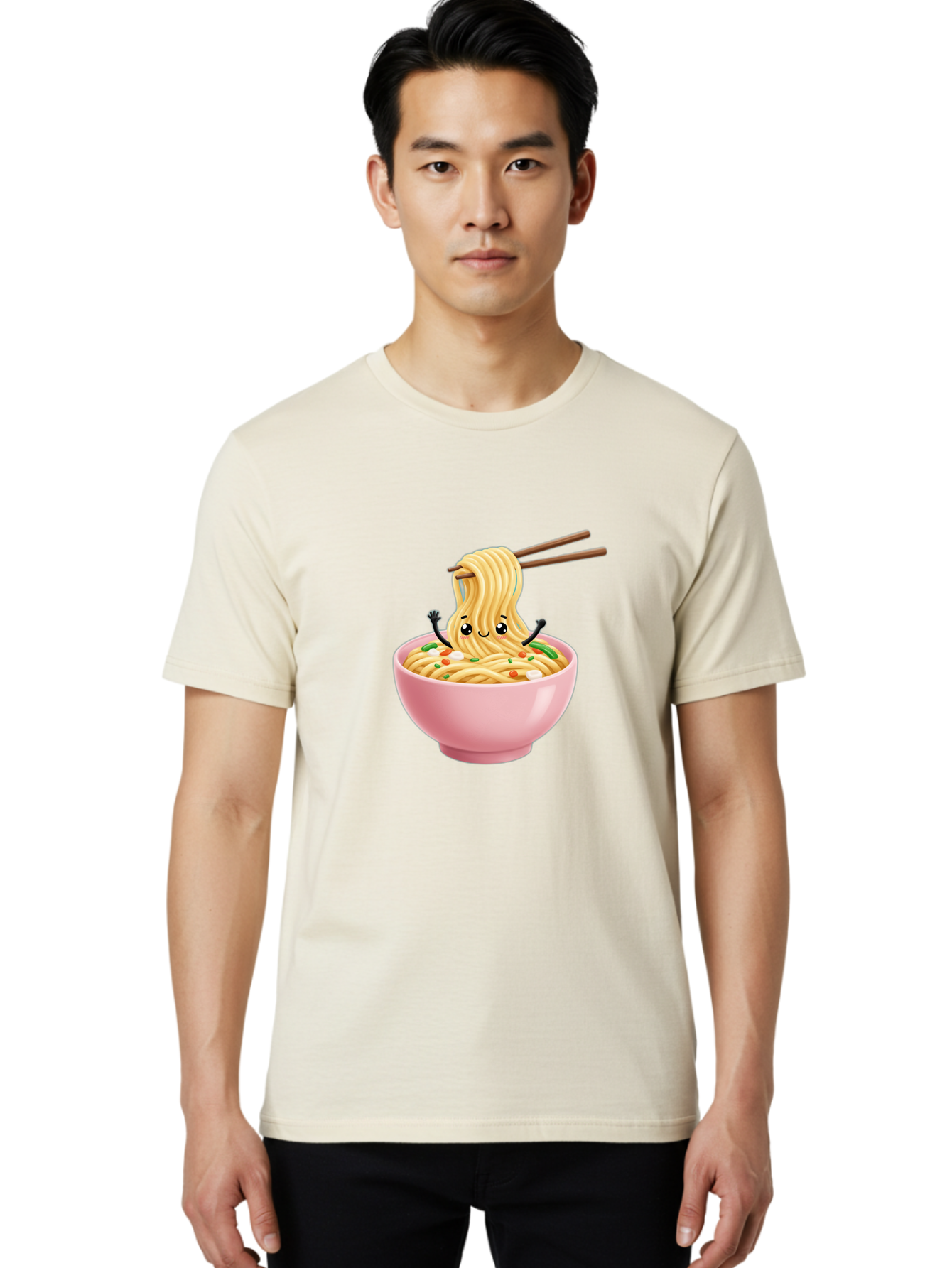Ramen-Noodle-Character Men'S Graphic Tee, 100% Cotton, Comfortable Casual Summer Wear, Machine Washable, Cartoon Noodles, Ramen Noodles, Noodle Character, Kawaii Food, Cute Noodles, Asian Cuisine, Noodle Bowl, Tasty Noodles, Foodie Art, Bae717
