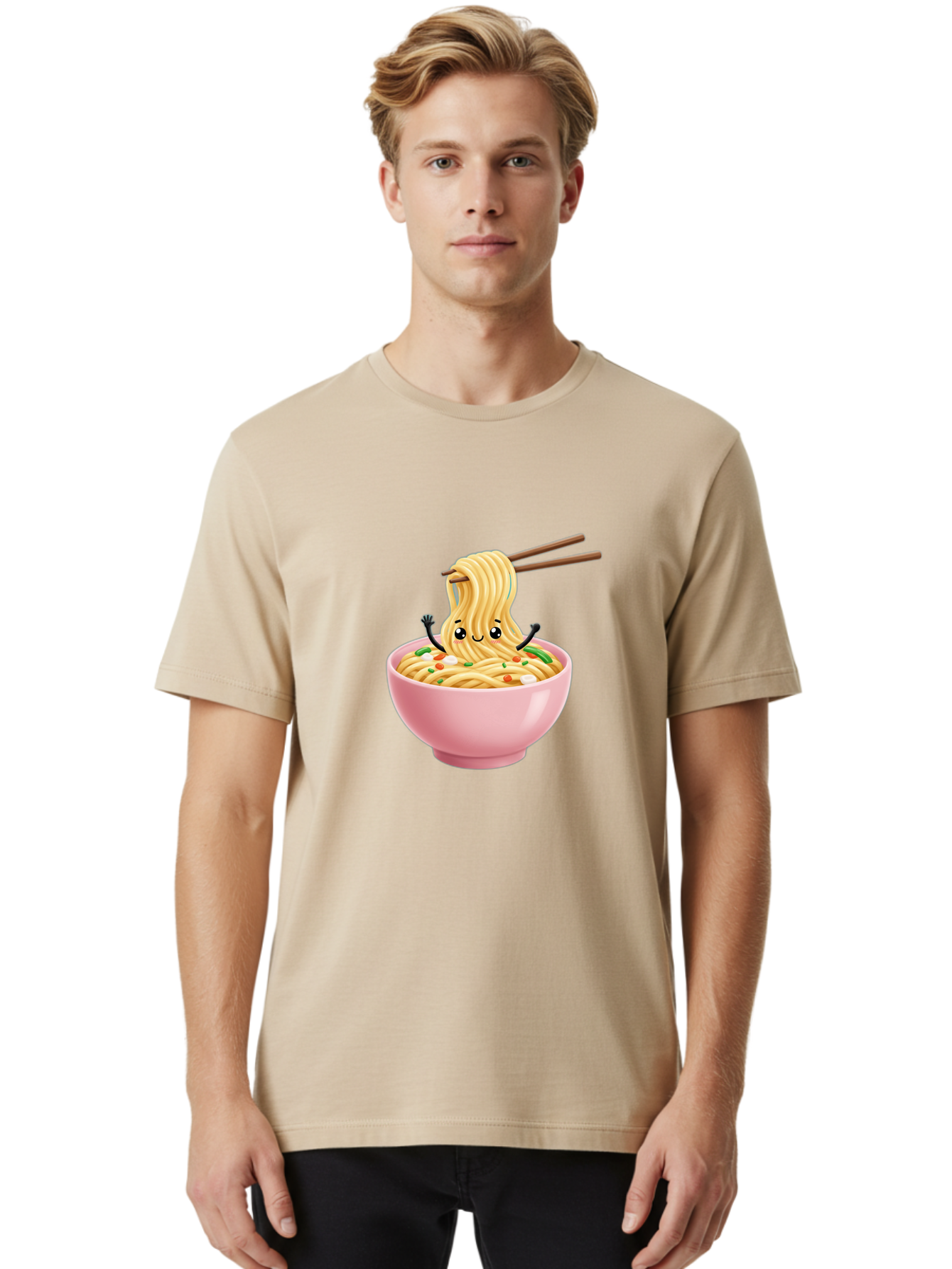 Ramen-Noodle-Character Men'S Graphic Tee, 100% Cotton, Comfortable Casual Summer Wear, Machine Washable, Cartoon Noodles, Ramen Noodles, Noodle Character, Kawaii Food, Cute Noodles, Asian Cuisine, Noodle Bowl, Tasty Noodles, Foodie Art, Bae717