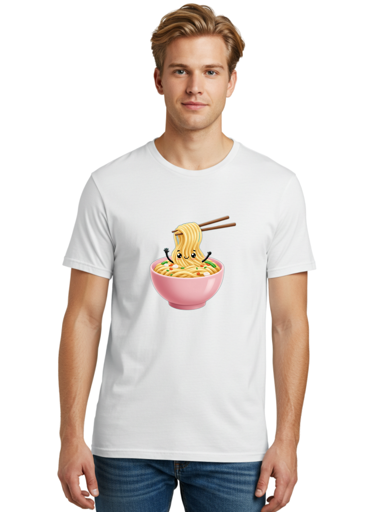 Ramen-Noodle-Character Men'S Graphic Tee, 100% Cotton, Comfortable Casual Summer Wear, Machine Washable, Cartoon Noodles, Ramen Noodles, Noodle Character, Kawaii Food, Cute Noodles, Asian Cuisine, Noodle Bowl, Tasty Noodles, Foodie Art, Bae717