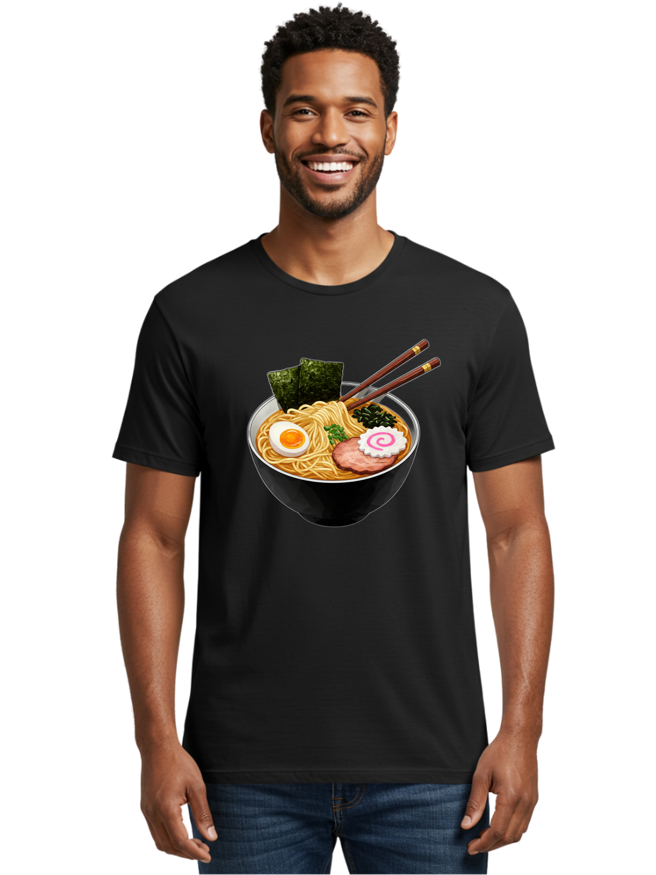 Ramen-Noodles-1 Men'S Graphic Tee, 100% Cotton, Comfortable Casual Summer Wear, Machine Washable, Bowl Of Ramen, Steaming Hot Noodles, Savory Broth, Boiled Egg, Sliced Pork, Seaweed, Green Onions, Fish Cake, Chopsticks, Asian Cuisine, Bae718