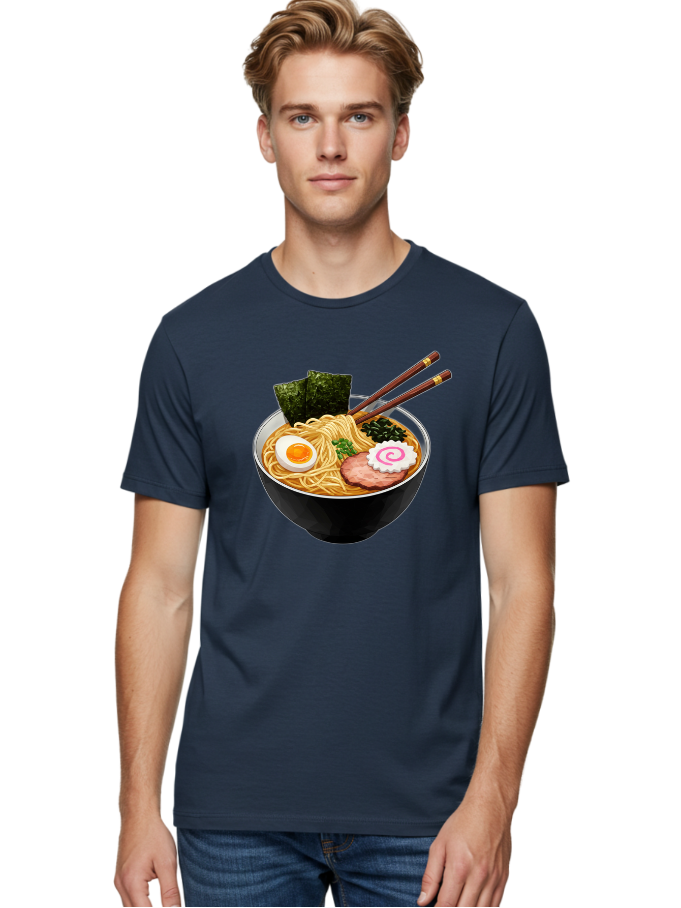 Ramen-Noodles-1 Men'S Graphic Tee, 100% Cotton, Comfortable Casual Summer Wear, Machine Washable, Bowl Of Ramen, Steaming Hot Noodles, Savory Broth, Boiled Egg, Sliced Pork, Seaweed, Green Onions, Fish Cake, Chopsticks, Asian Cuisine, Bae718