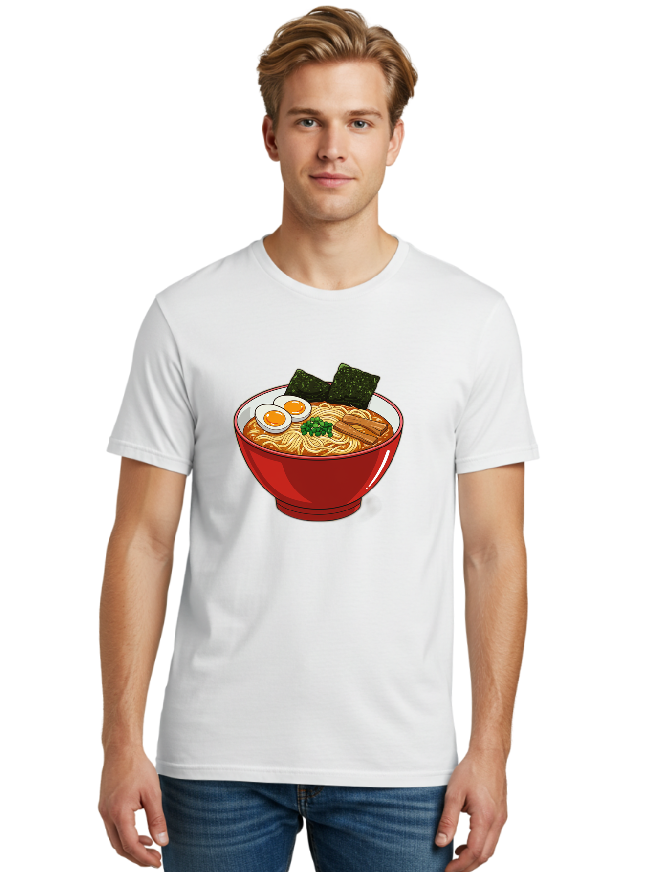 Ramen-Noodles-Bowl Men'S Graphic Tee, 100% Cotton, Comfortable Casual Summer Wear, Machine Washable, Steaming Hot Ramen, Savory Broth, Boiled Egg, Seaweed, Green Onions, Bamboo Shoots, Japanese Cuisine, Comfort Food, Noodle Soup, Asian Flavors Bae720