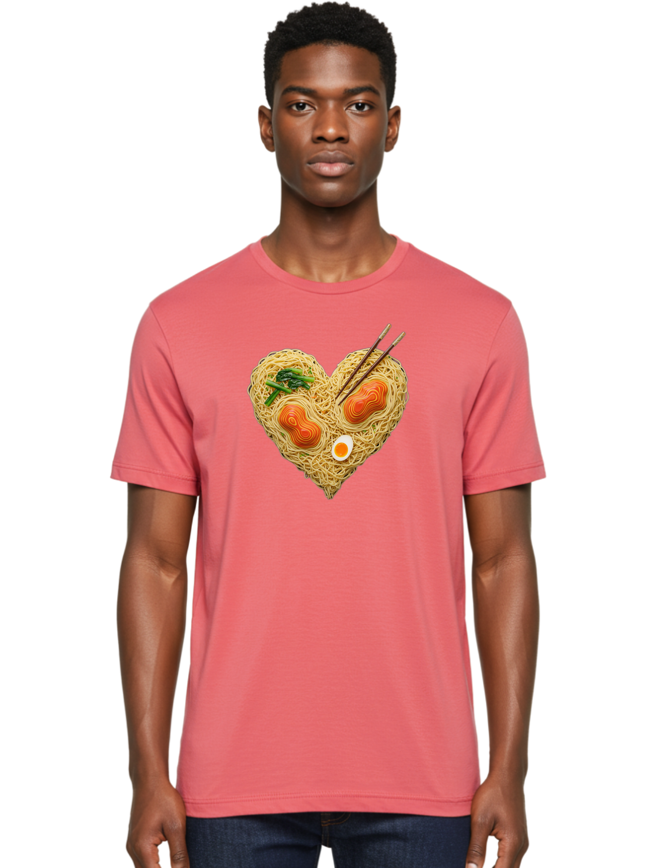 Ramen-Noodles-Heart-1 Men'S Graphic Tee, 100% Cotton, Comfortable Casual Summer Wear, Machine Washable, Ramen Noodles, Heart-Shaped Noodles, Asian Cuisine, Delicious Meal, Savory Flavors, Boiled Egg, Chopsticks, Green Vegetables Bae721