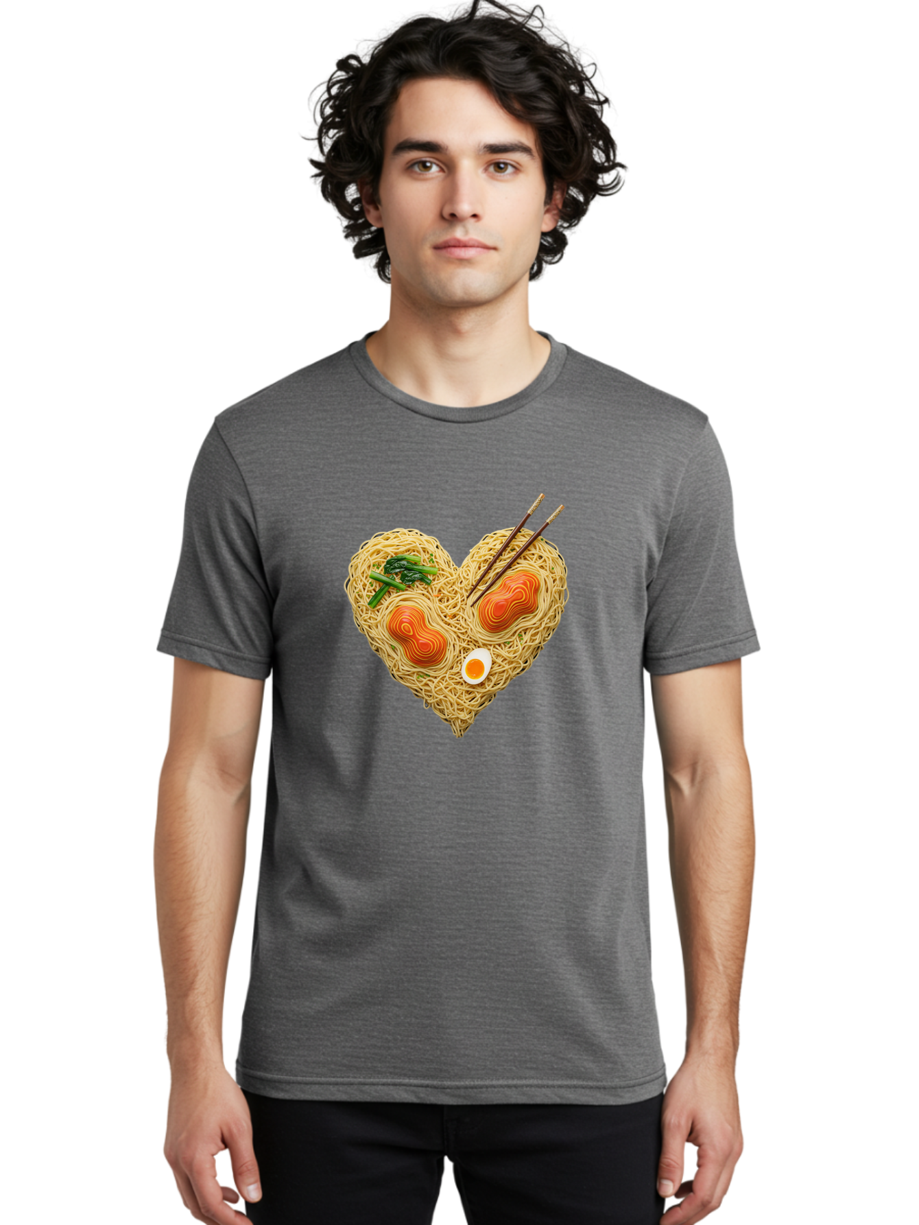 Ramen-Noodles-Heart-1 Men'S Graphic Tee, 100% Cotton, Comfortable Casual Summer Wear, Machine Washable, Ramen Noodles, Heart-Shaped Noodles, Asian Cuisine, Delicious Meal, Savory Flavors, Boiled Egg, Chopsticks, Green Vegetables Bae721
