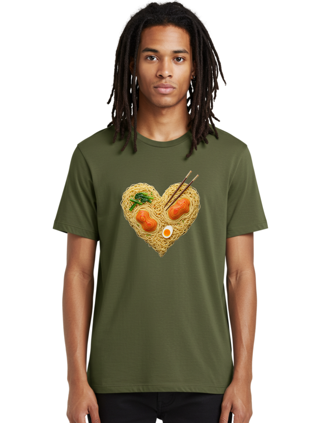 Ramen-Noodles-Heart-1 Men'S Graphic Tee, 100% Cotton, Comfortable Casual Summer Wear, Machine Washable, Ramen Noodles, Heart-Shaped Noodles, Asian Cuisine, Delicious Meal, Savory Flavors, Boiled Egg, Chopsticks, Green Vegetables Bae721