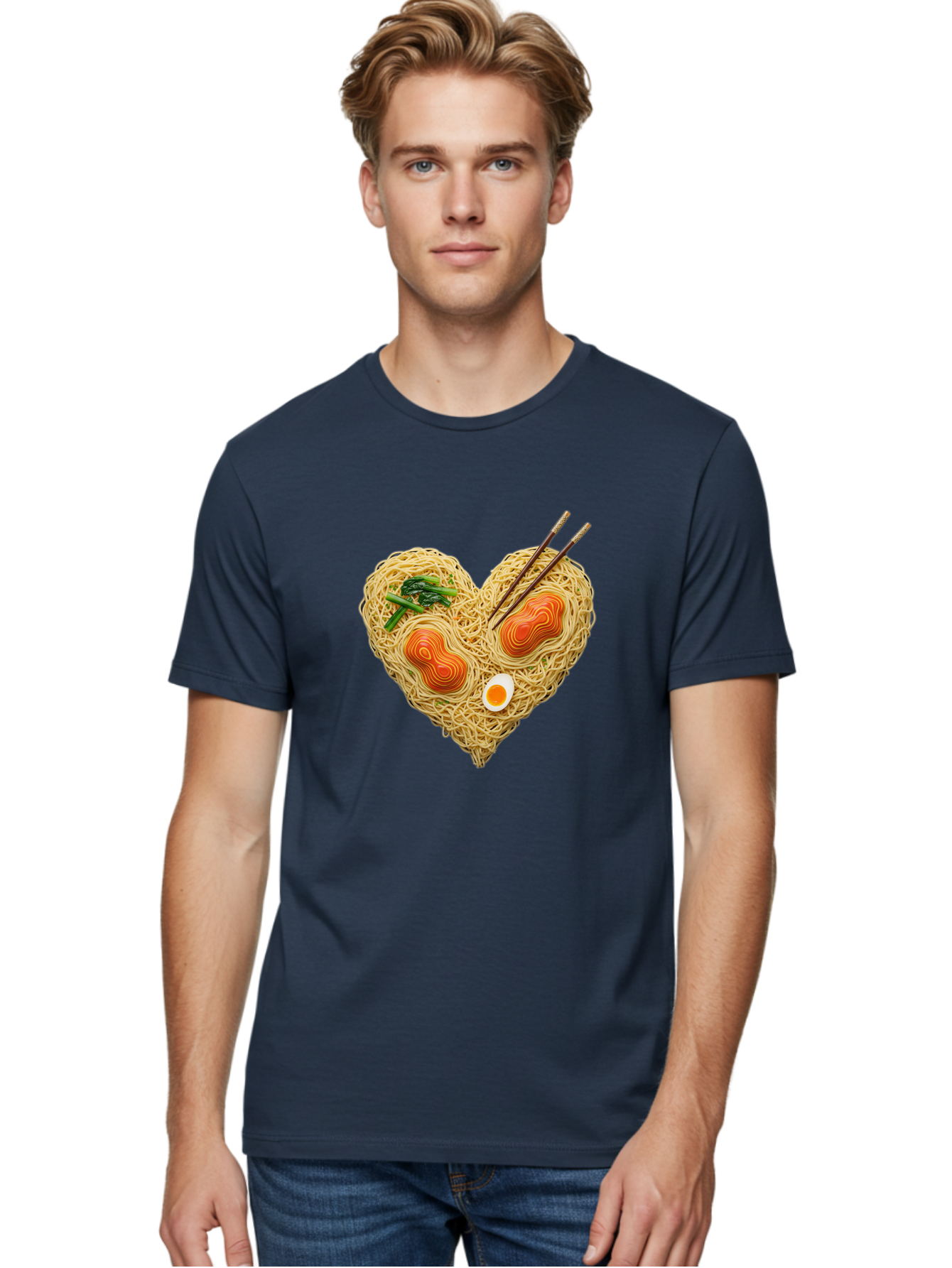 Ramen-Noodles-Heart-1 Men'S Graphic Tee, 100% Cotton, Comfortable Casual Summer Wear, Machine Washable, Ramen Noodles, Heart-Shaped Noodles, Asian Cuisine, Delicious Meal, Savory Flavors, Boiled Egg, Chopsticks, Green Vegetables Bae721