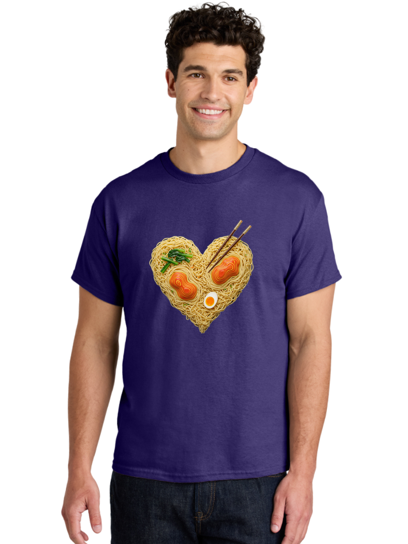 Ramen-Noodles-Heart-1 Men'S Graphic Tee, 100% Cotton, Comfortable Casual Summer Wear, Machine Washable, Ramen Noodles, Heart-Shaped Noodles, Asian Cuisine, Delicious Meal, Savory Flavors, Boiled Egg, Chopsticks, Green Vegetables Bae721