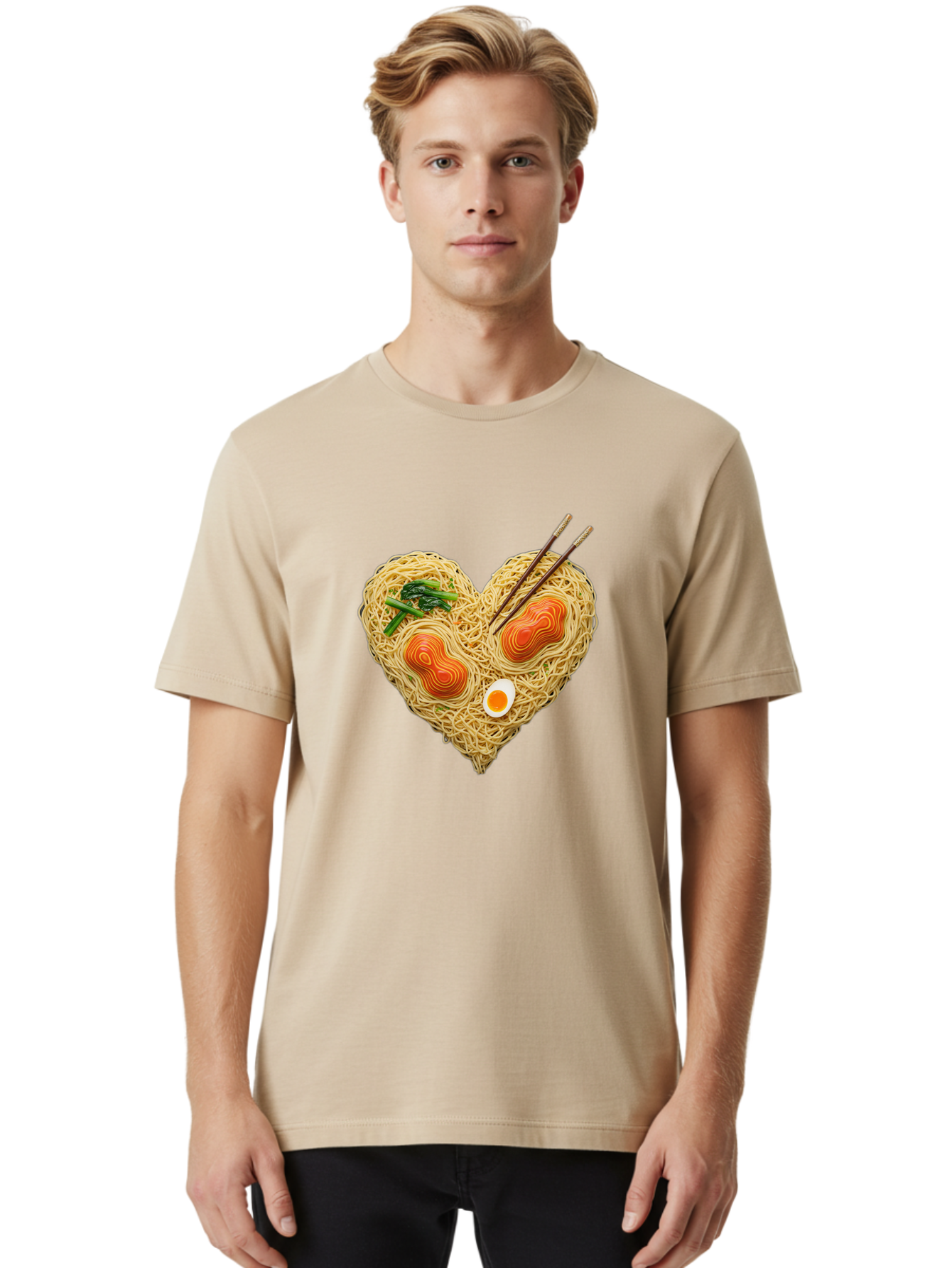 Ramen-Noodles-Heart-1 Men'S Graphic Tee, 100% Cotton, Comfortable Casual Summer Wear, Machine Washable, Ramen Noodles, Heart-Shaped Noodles, Asian Cuisine, Delicious Meal, Savory Flavors, Boiled Egg, Chopsticks, Green Vegetables Bae721