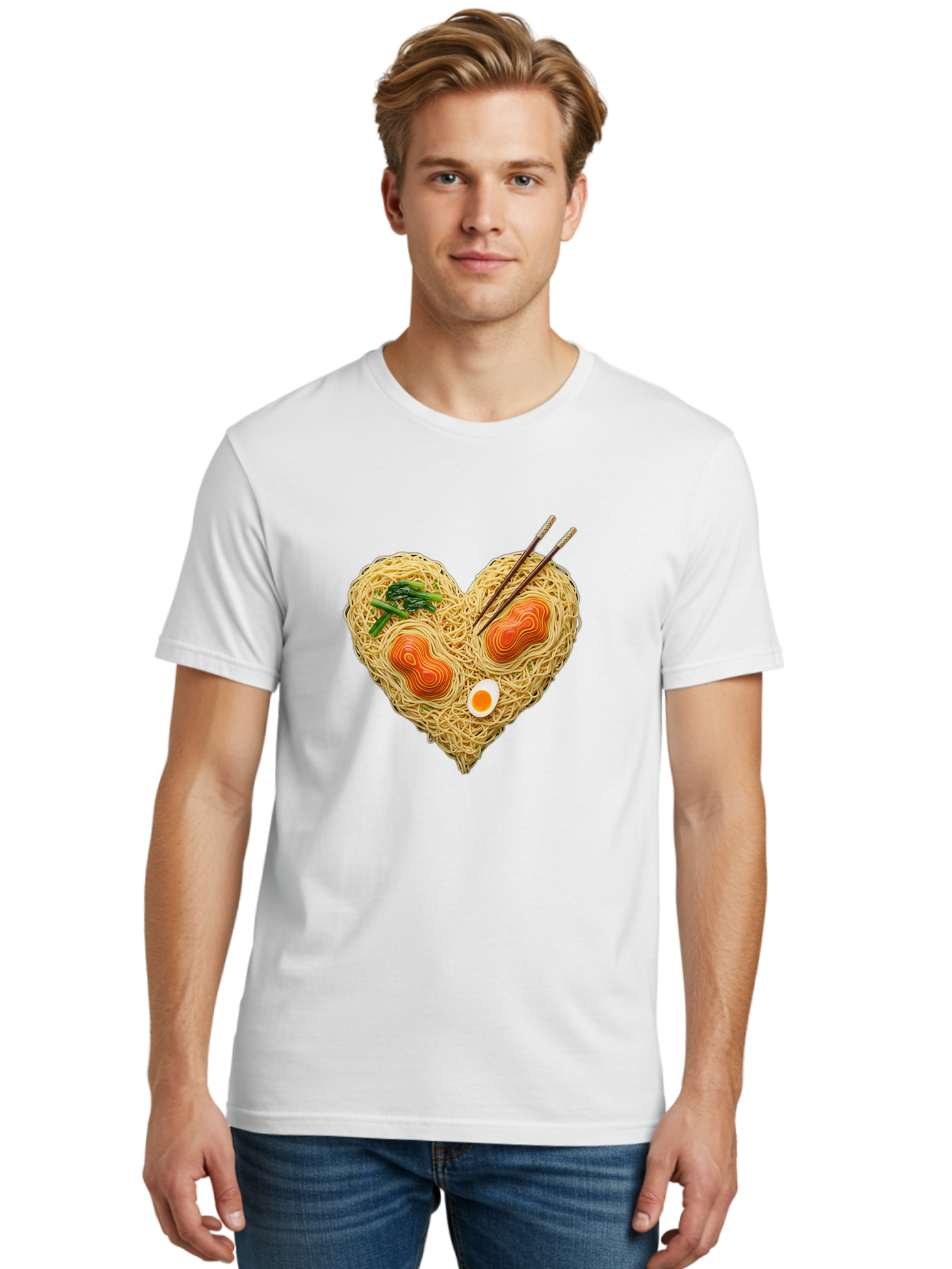 Ramen-Noodles-Heart-1 Men'S Graphic Tee, 100% Cotton, Comfortable Casual Summer Wear, Machine Washable, Ramen Noodles, Heart-Shaped Noodles, Asian Cuisine, Delicious Meal, Savory Flavors, Boiled Egg, Chopsticks, Green Vegetables Bae721