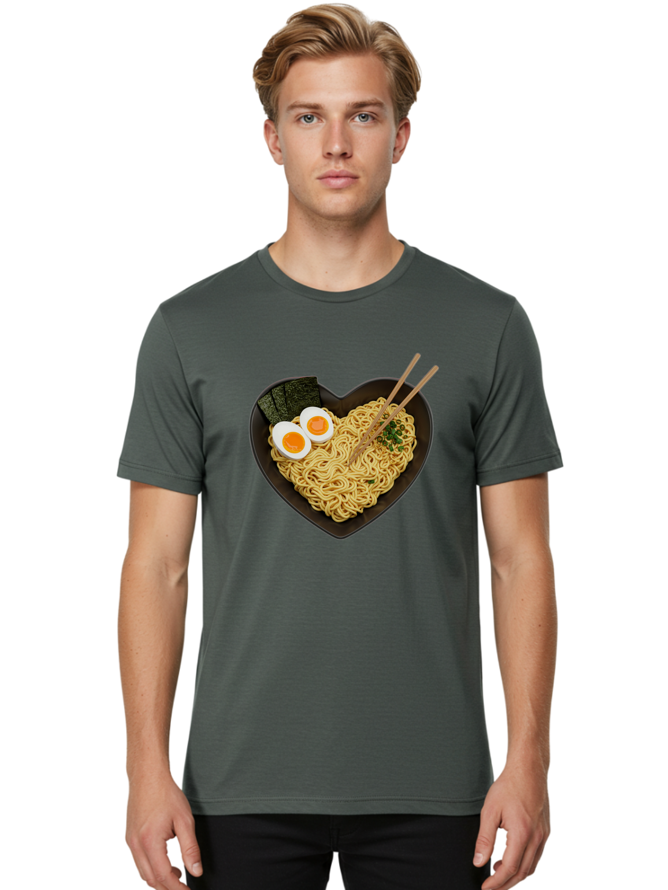 Ramen-Noodles-Heart-Shaped-Bowl Men'S Graphic Tee, 100% Cotton, Comfortable Casual Summer Wear, Machine Washable, Ramen Noodles, Heart-Shaped Bowl, Soft-Boiled Eggs, Seaweed, Chopsticks, Asian Cuisine, Comfort Food, Savory Dish, Noodle Soup, Bae722
