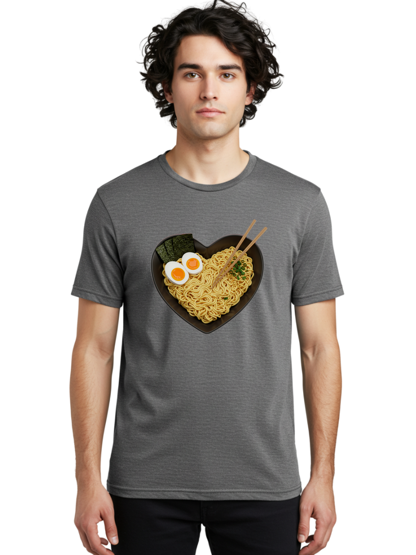 Ramen-Noodles-Heart-Shaped-Bowl Men'S Graphic Tee, 100% Cotton, Comfortable Casual Summer Wear, Machine Washable, Ramen Noodles, Heart-Shaped Bowl, Soft-Boiled Eggs, Seaweed, Chopsticks, Asian Cuisine, Comfort Food, Savory Dish, Noodle Soup, Bae722