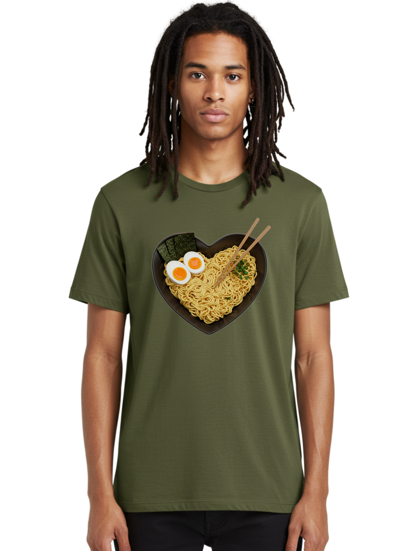 Ramen-Noodles-Heart-Shaped-Bowl Men'S Graphic Tee, 100% Cotton, Comfortable Casual Summer Wear, Machine Washable, Ramen Noodles, Heart-Shaped Bowl, Soft-Boiled Eggs, Seaweed, Chopsticks, Asian Cuisine, Comfort Food, Savory Dish, Noodle Soup, Bae722