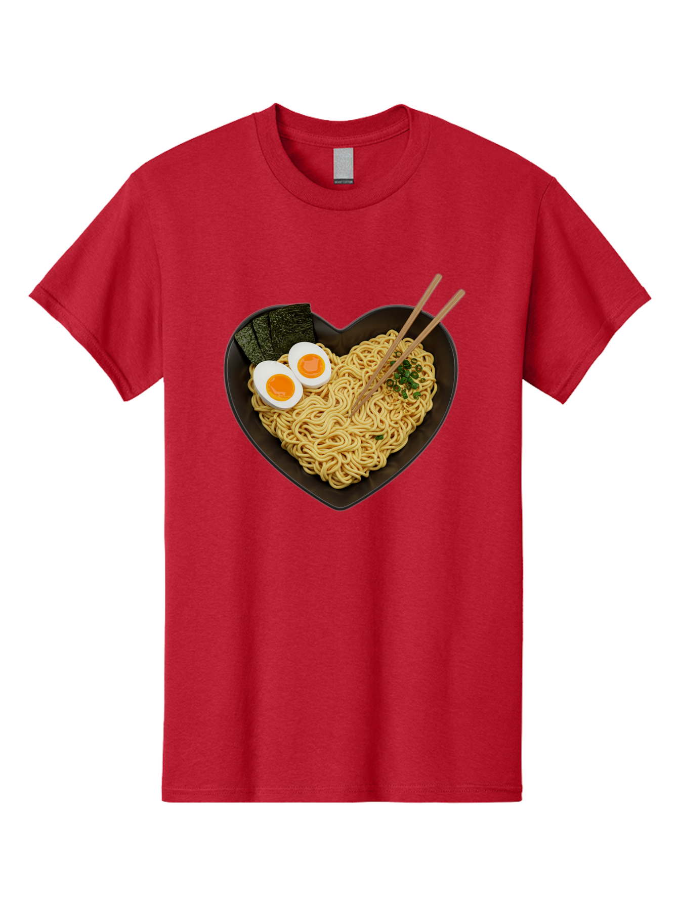 Ramen-Noodles-Heart-Shaped-Bowl Men'S Graphic Tee, 100% Cotton, Comfortable Casual Summer Wear, Machine Washable, Ramen Noodles, Heart-Shaped Bowl, Soft-Boiled Eggs, Seaweed, Chopsticks, Asian Cuisine, Comfort Food, Savory Dish, Noodle Soup, Bae722