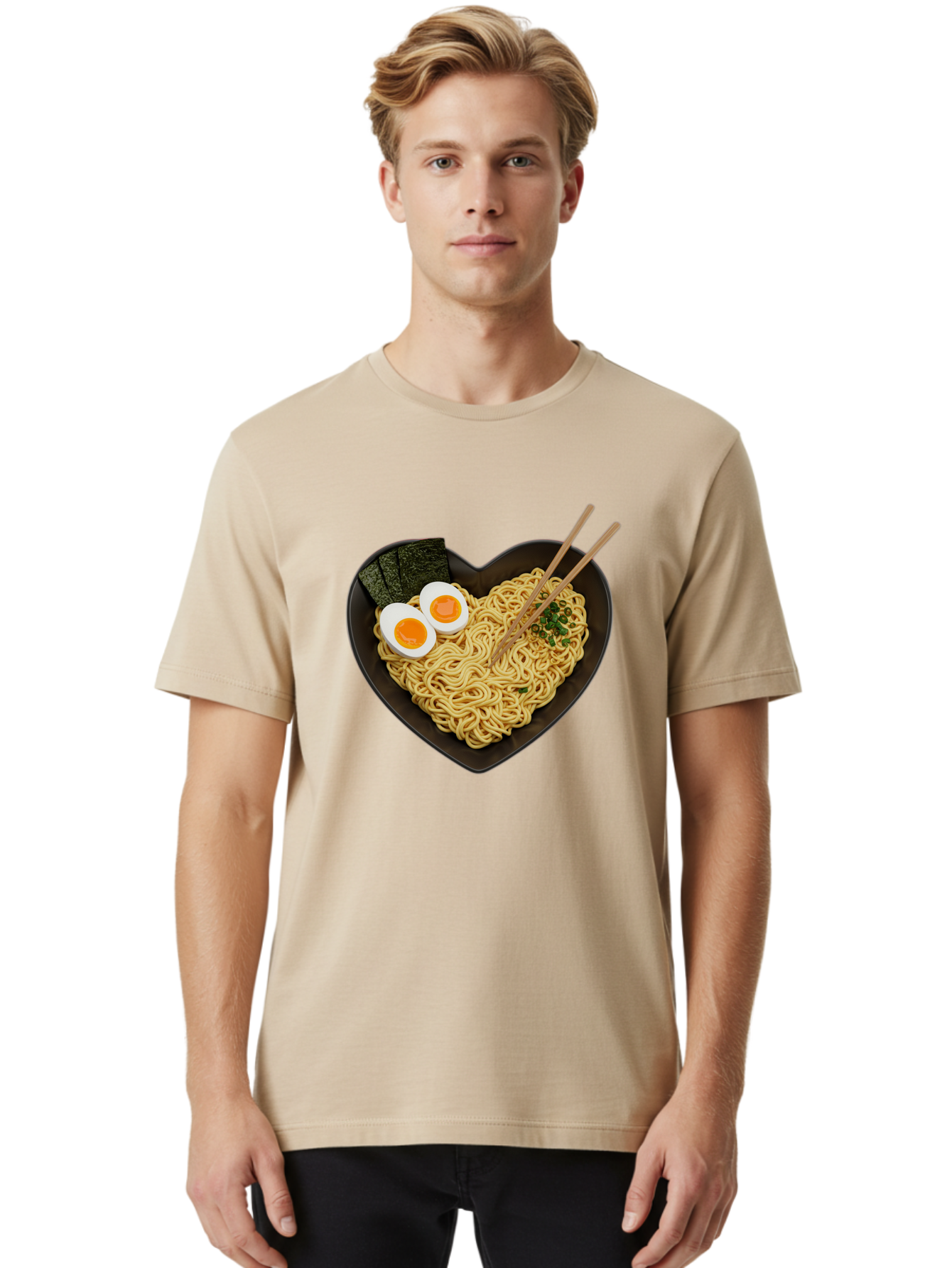 Ramen-Noodles-Heart-Shaped-Bowl Men'S Graphic Tee, 100% Cotton, Comfortable Casual Summer Wear, Machine Washable, Ramen Noodles, Heart-Shaped Bowl, Soft-Boiled Eggs, Seaweed, Chopsticks, Asian Cuisine, Comfort Food, Savory Dish, Noodle Soup, Bae722