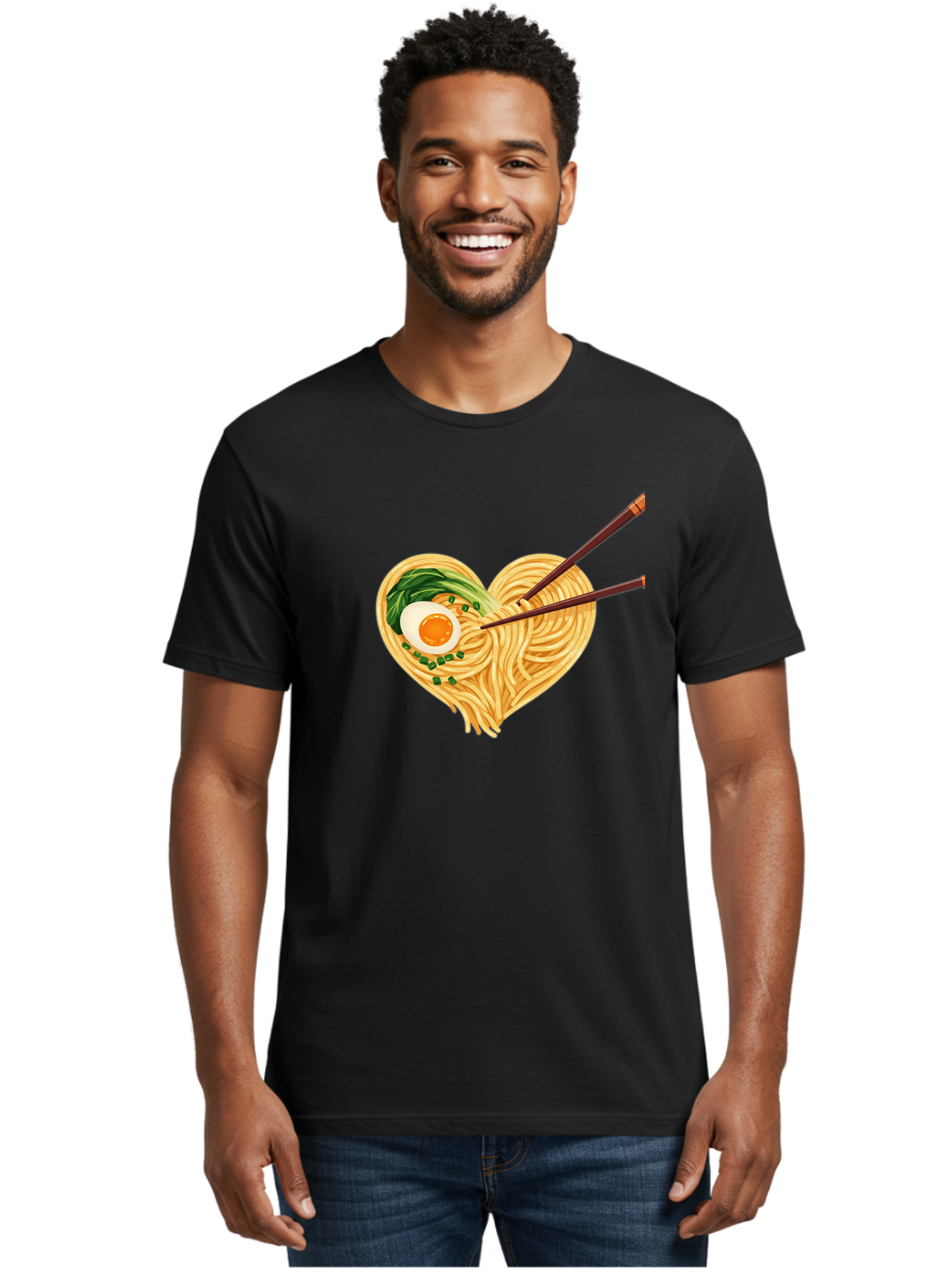 Ramen-Noodles-Heart Men'S Graphic Tee, 100% Cotton, Comfortable Casual Summer Wear, Machine Washable, Heart-Shaped Noodles, Ramen, Egg, Green Onions, Asian Cuisine, Chopsticks, Noodle Dish, Meal, Food, Appetizing, Delicious Bae723