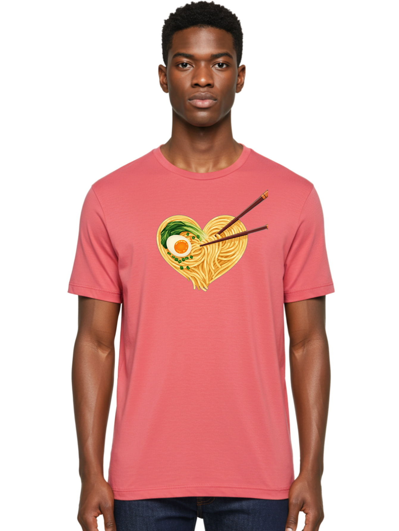 Ramen-Noodles-Heart Men'S Graphic Tee, 100% Cotton, Comfortable Casual Summer Wear, Machine Washable, Heart-Shaped Noodles, Ramen, Egg, Green Onions, Asian Cuisine, Chopsticks, Noodle Dish, Meal, Food, Appetizing, Delicious Bae723