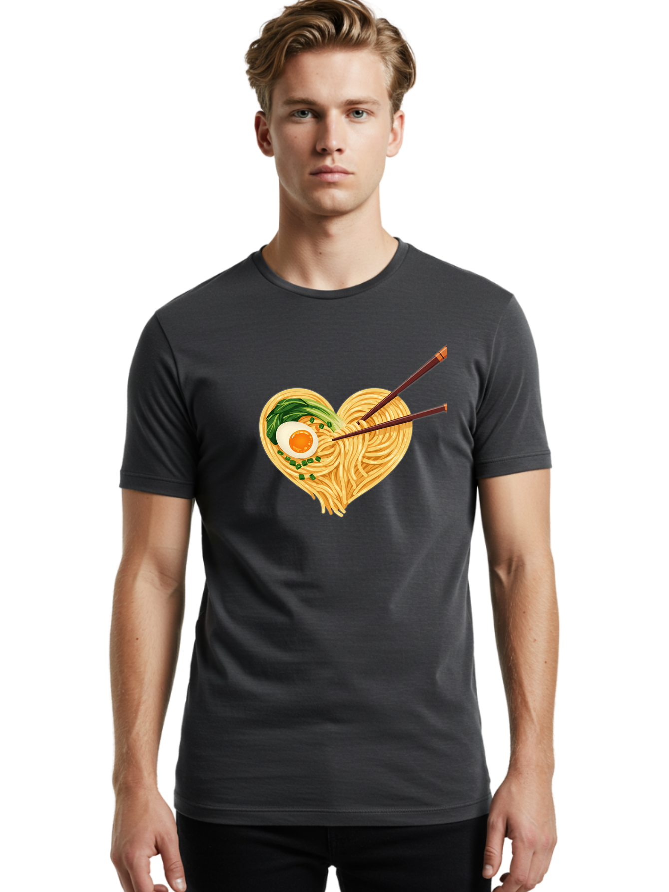 Ramen-Noodles-Heart Men'S Graphic Tee, 100% Cotton, Comfortable Casual Summer Wear, Machine Washable, Heart-Shaped Noodles, Ramen, Egg, Green Onions, Asian Cuisine, Chopsticks, Noodle Dish, Meal, Food, Appetizing, Delicious Bae723