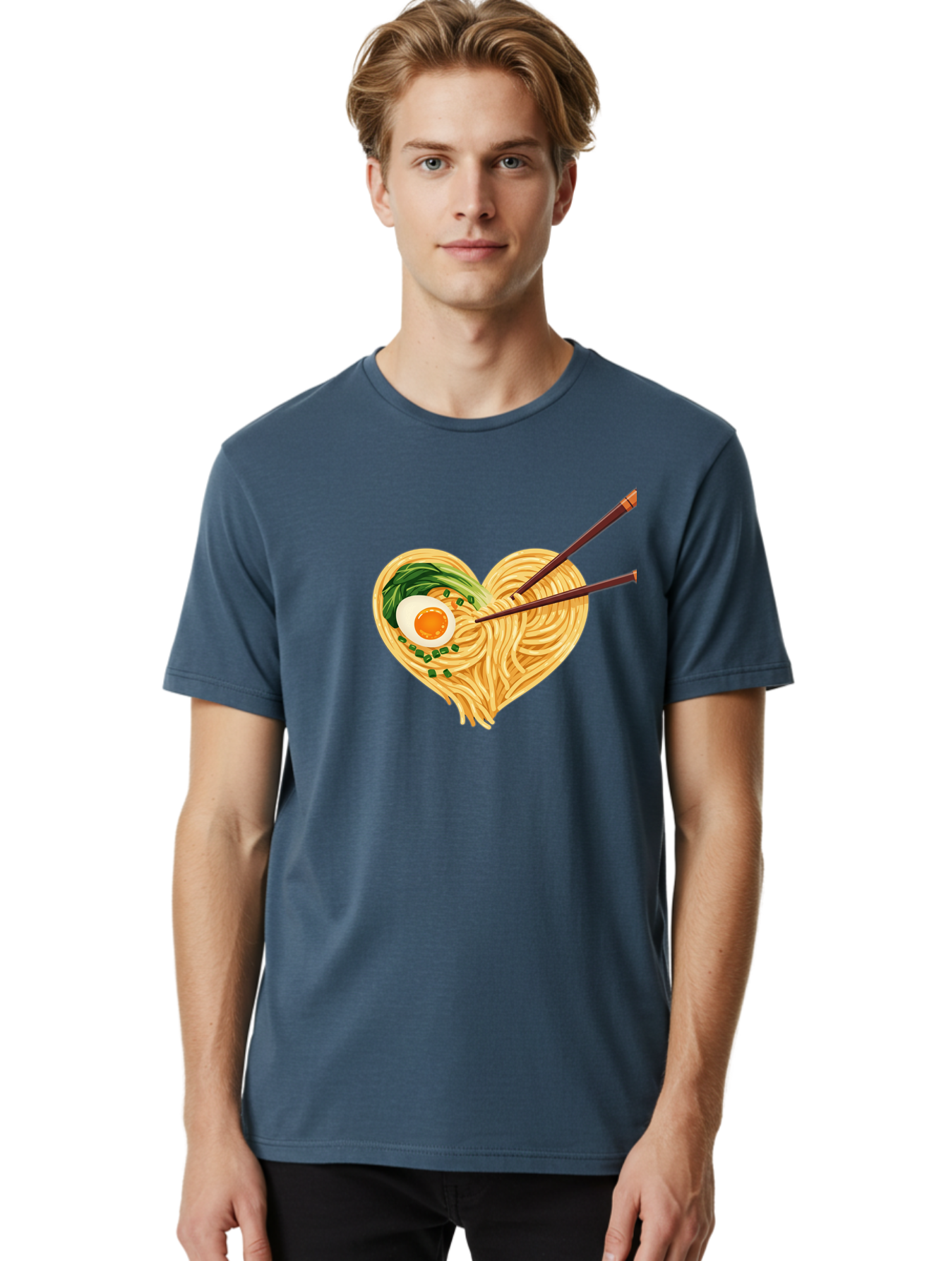 Ramen-Noodles-Heart Men'S Graphic Tee, 100% Cotton, Comfortable Casual Summer Wear, Machine Washable, Heart-Shaped Noodles, Ramen, Egg, Green Onions, Asian Cuisine, Chopsticks, Noodle Dish, Meal, Food, Appetizing, Delicious Bae723